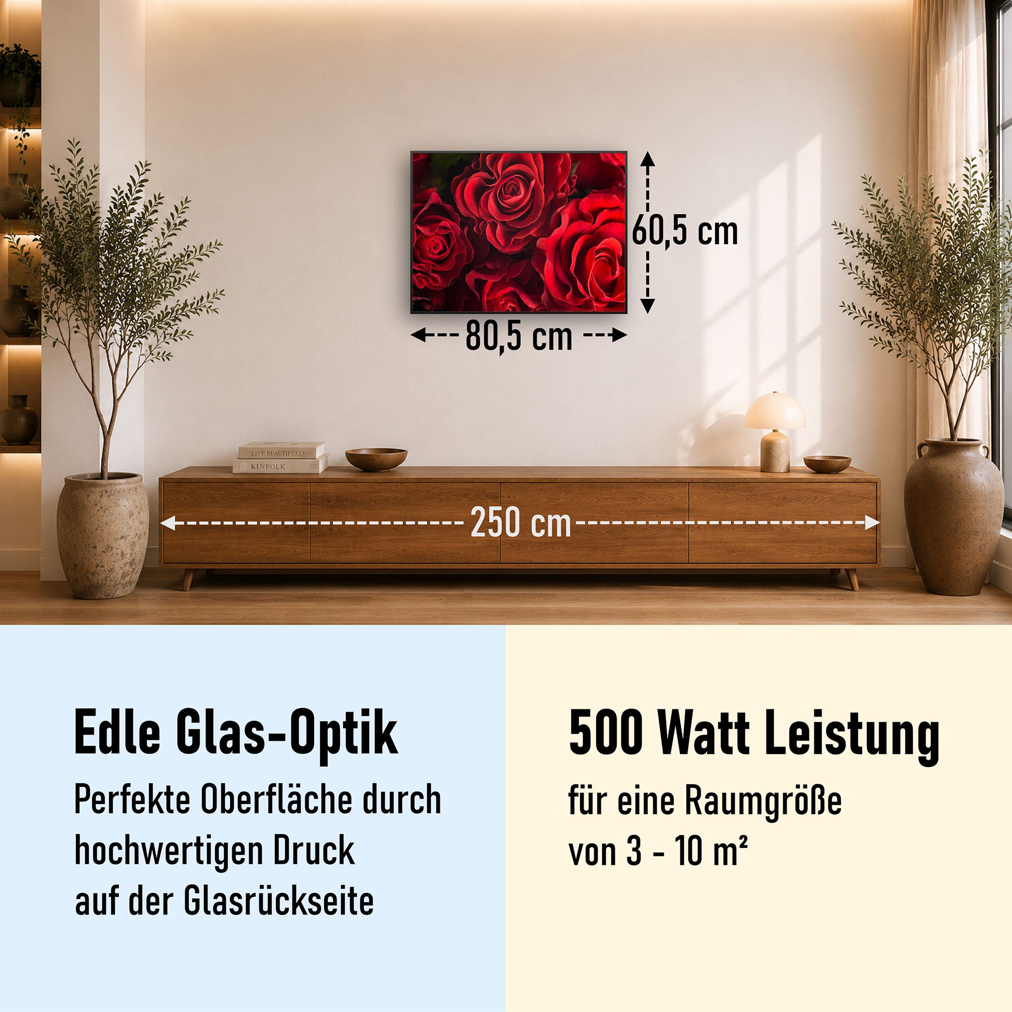 Glas Infrarotheizung 350-1200W Motiv 056 Rote Rosen