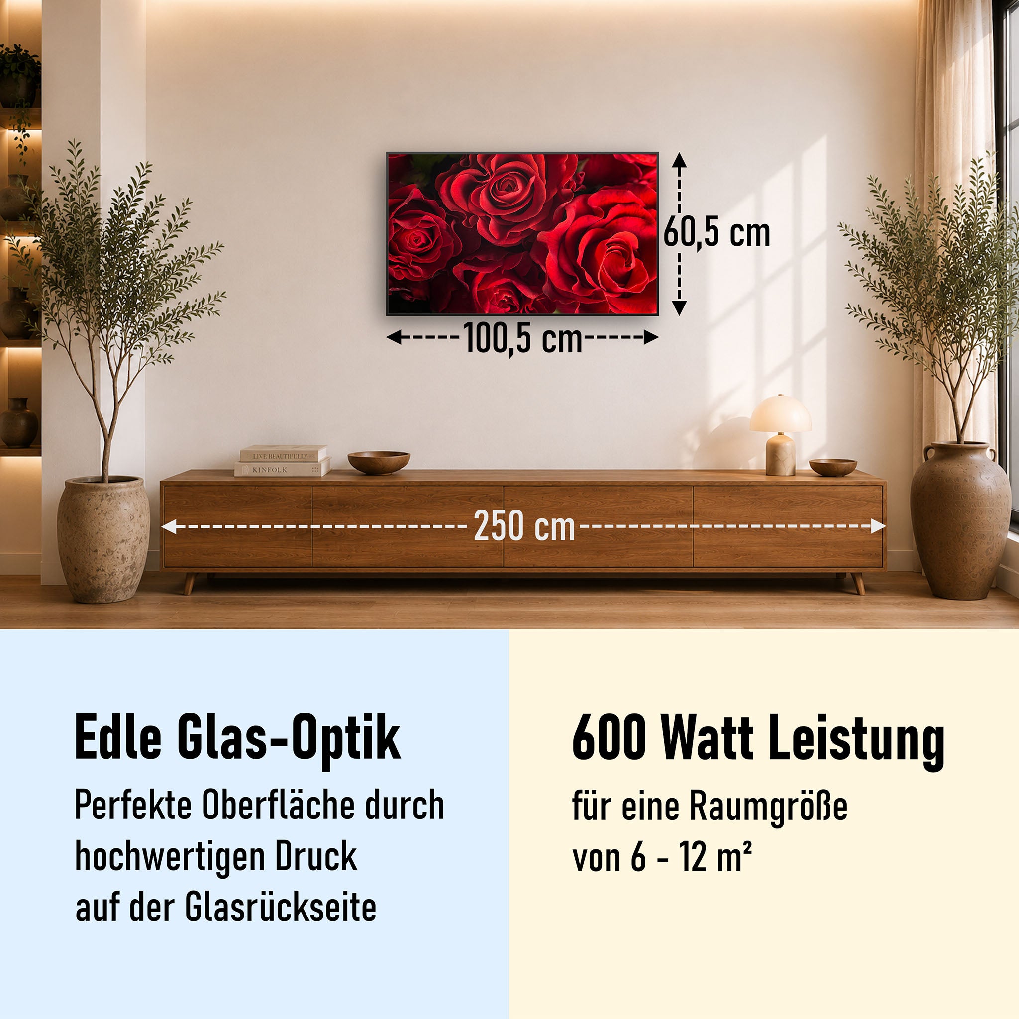 Glas Infrarotheizung 350-1200W Motiv 056 Rote Rosen