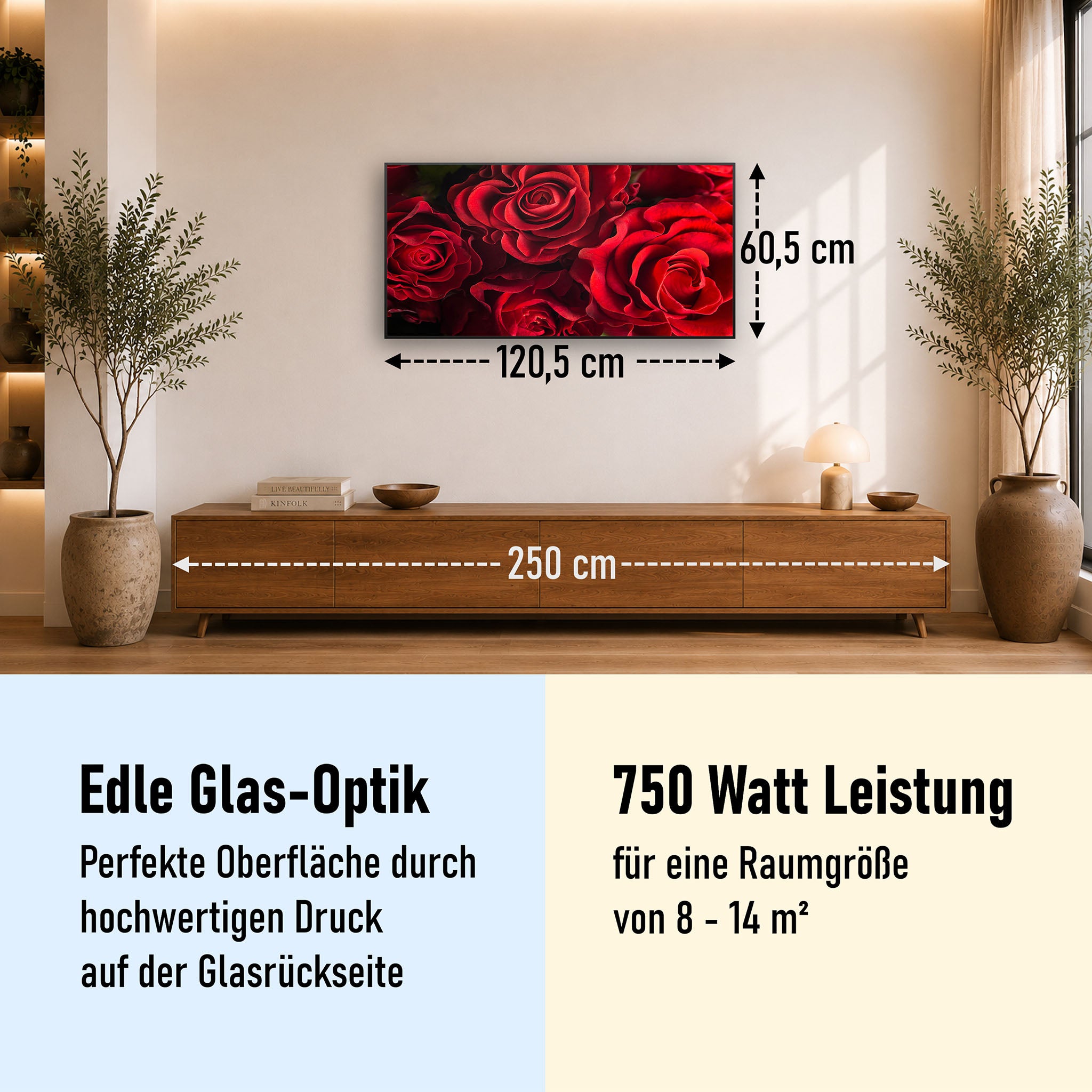 Glas Infrarotheizung 350-1200W Motiv 056 Rote Rosen