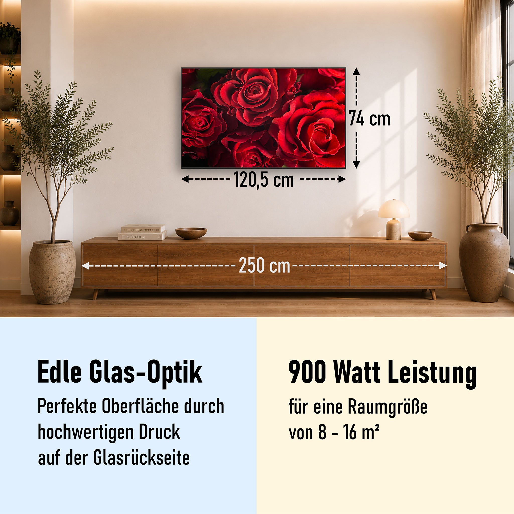 Glas Infrarotheizung 350-1200W Motiv 056 Rote Rosen