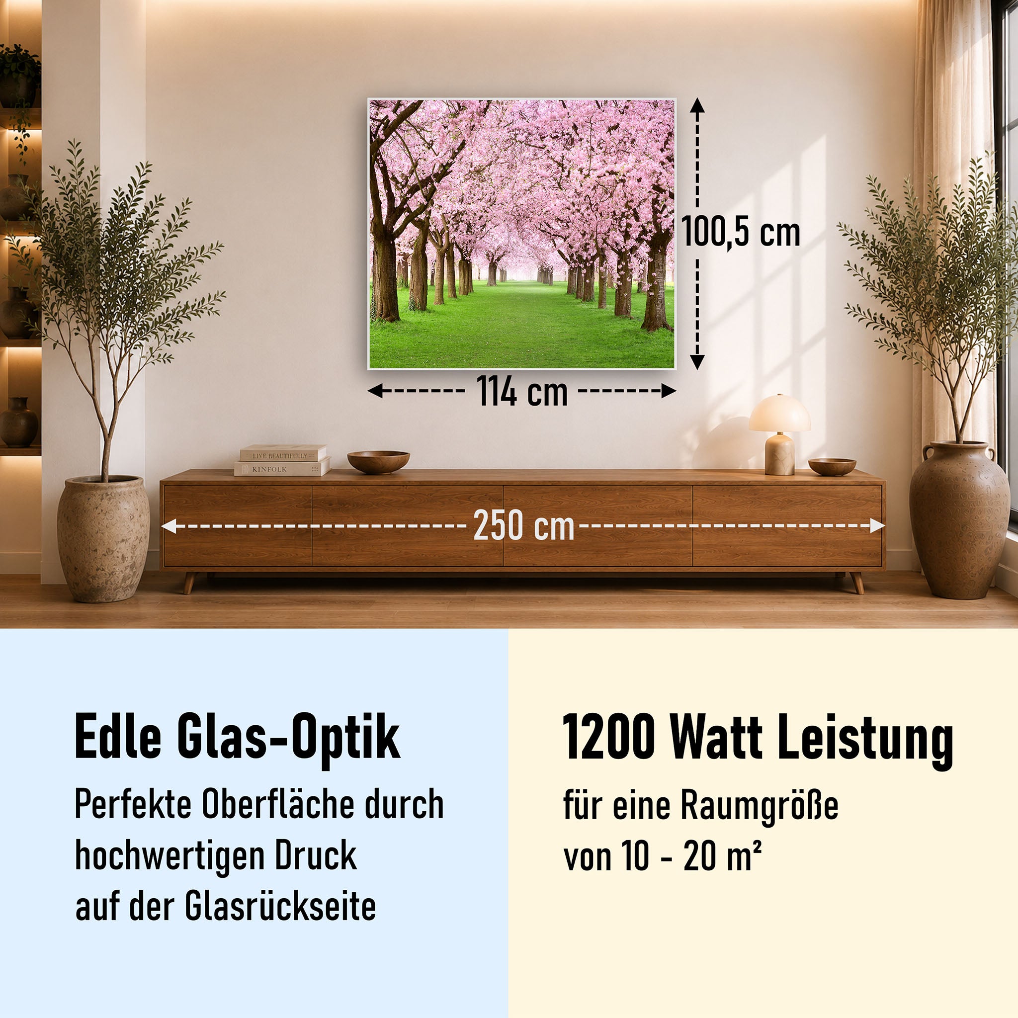 Glas Infrarotheizung 350-1200W Motiv 058 Kirschbäume Allee