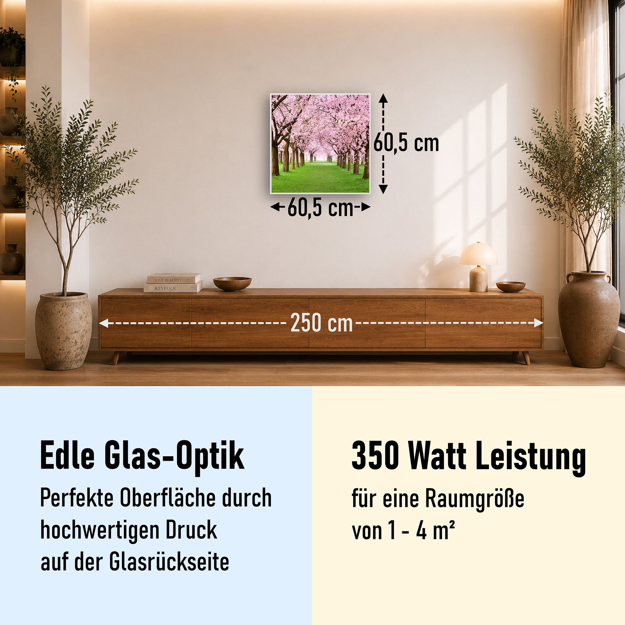 Glas Infrarotheizung 350-1200W Motiv 058 Kirschbäume Allee