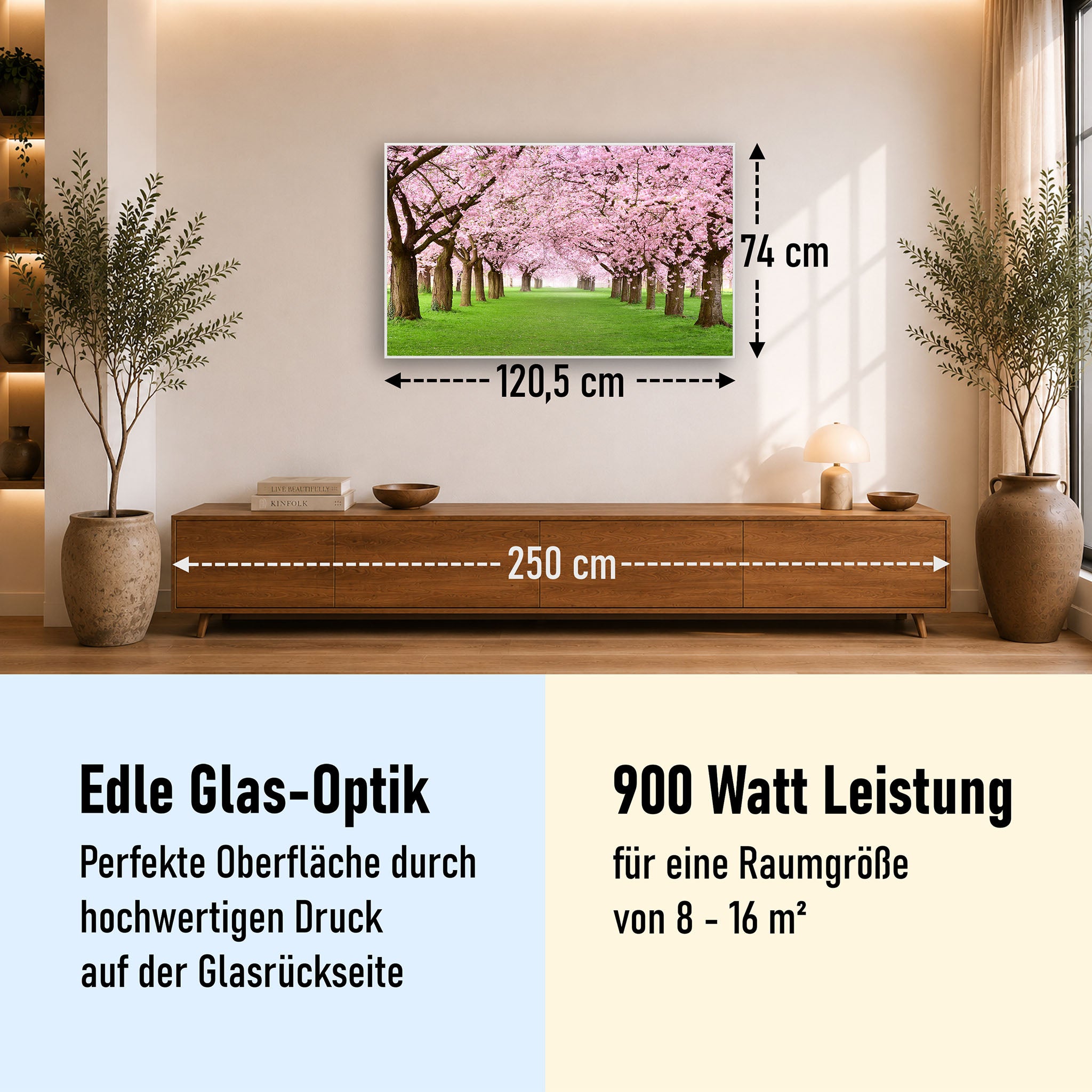 Glas Infrarotheizung 350-1200W Motiv 058 Kirschbäume Allee
