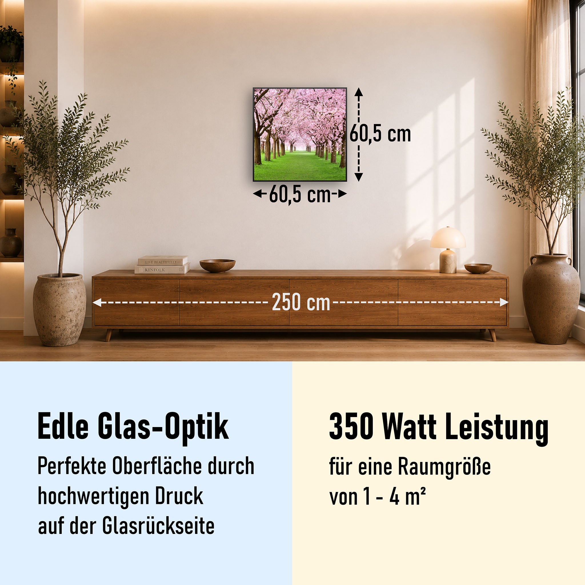 Glas Infrarotheizung 350-1200W Motiv 058 Kirschbäume Allee