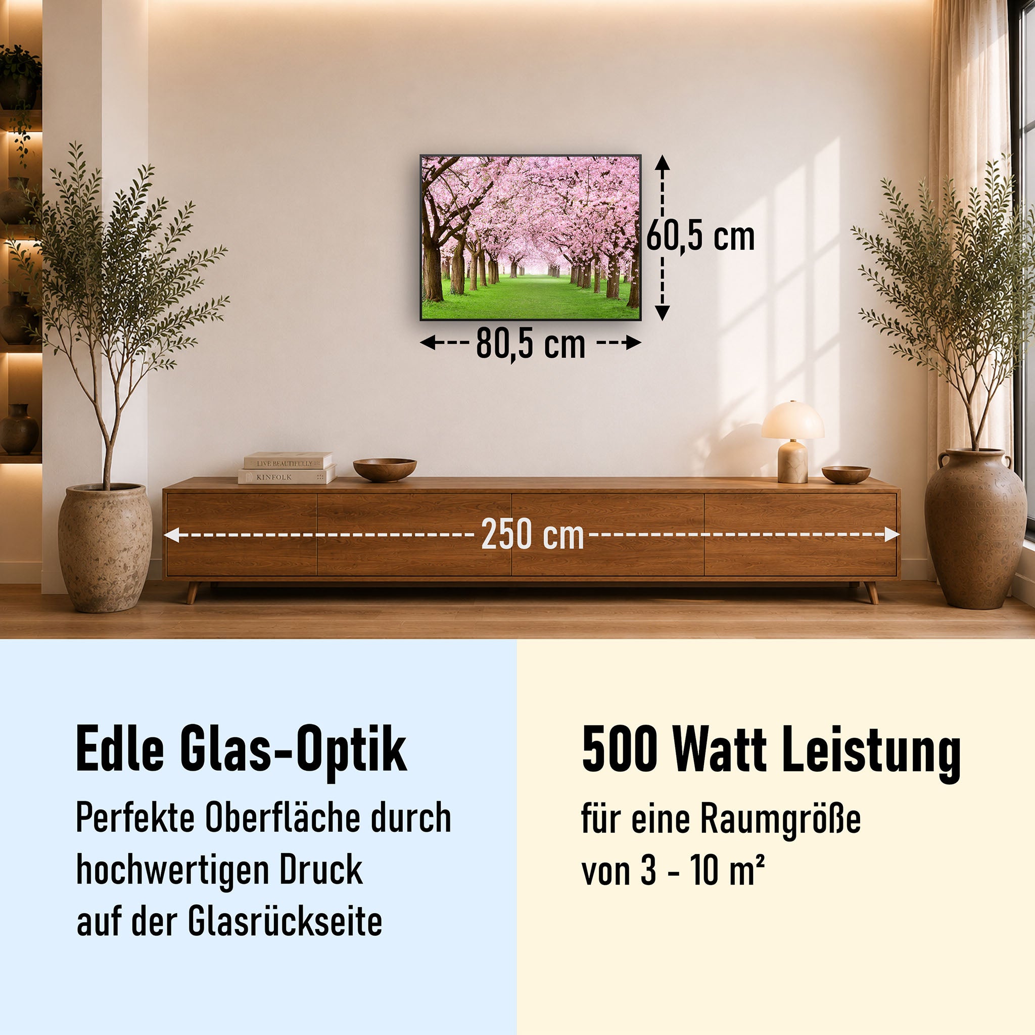 Glas Infrarotheizung 350-1200W Motiv 058 Kirschbäume Allee