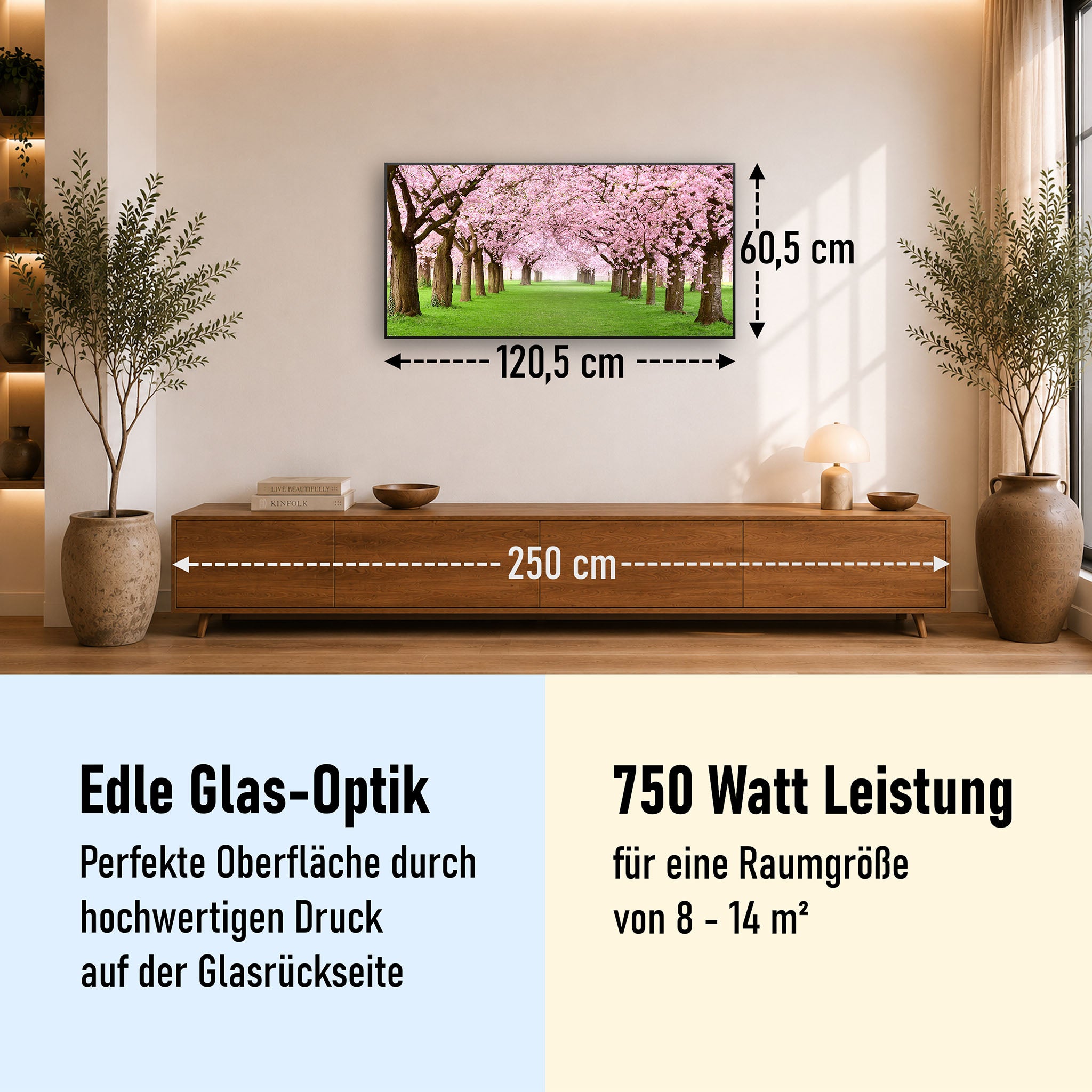 Glas Infrarotheizung 350-1200W Motiv 058 Kirschbäume Allee