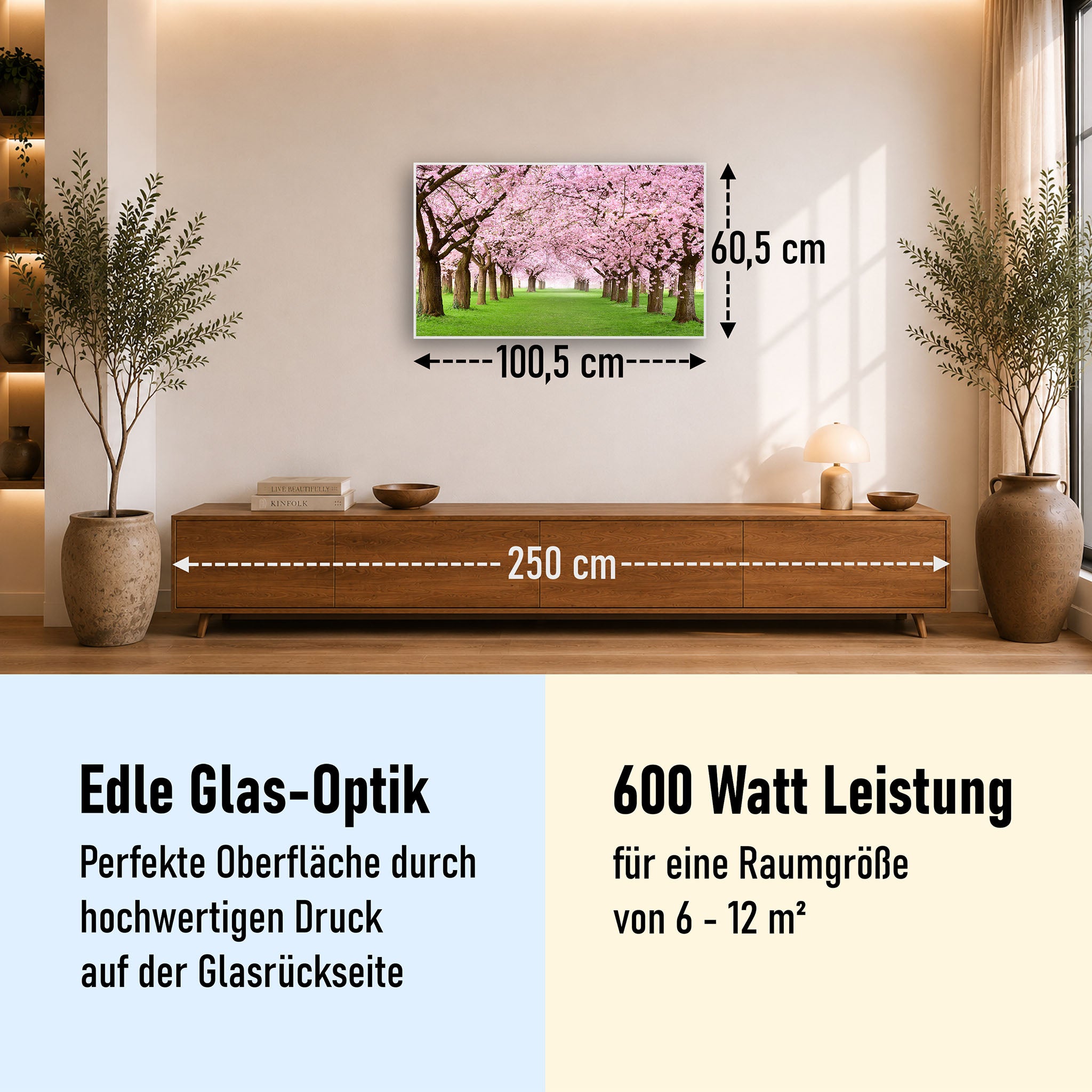 Glas Infrarotheizung 350-1200W Motiv 058 Kirschbäume Allee