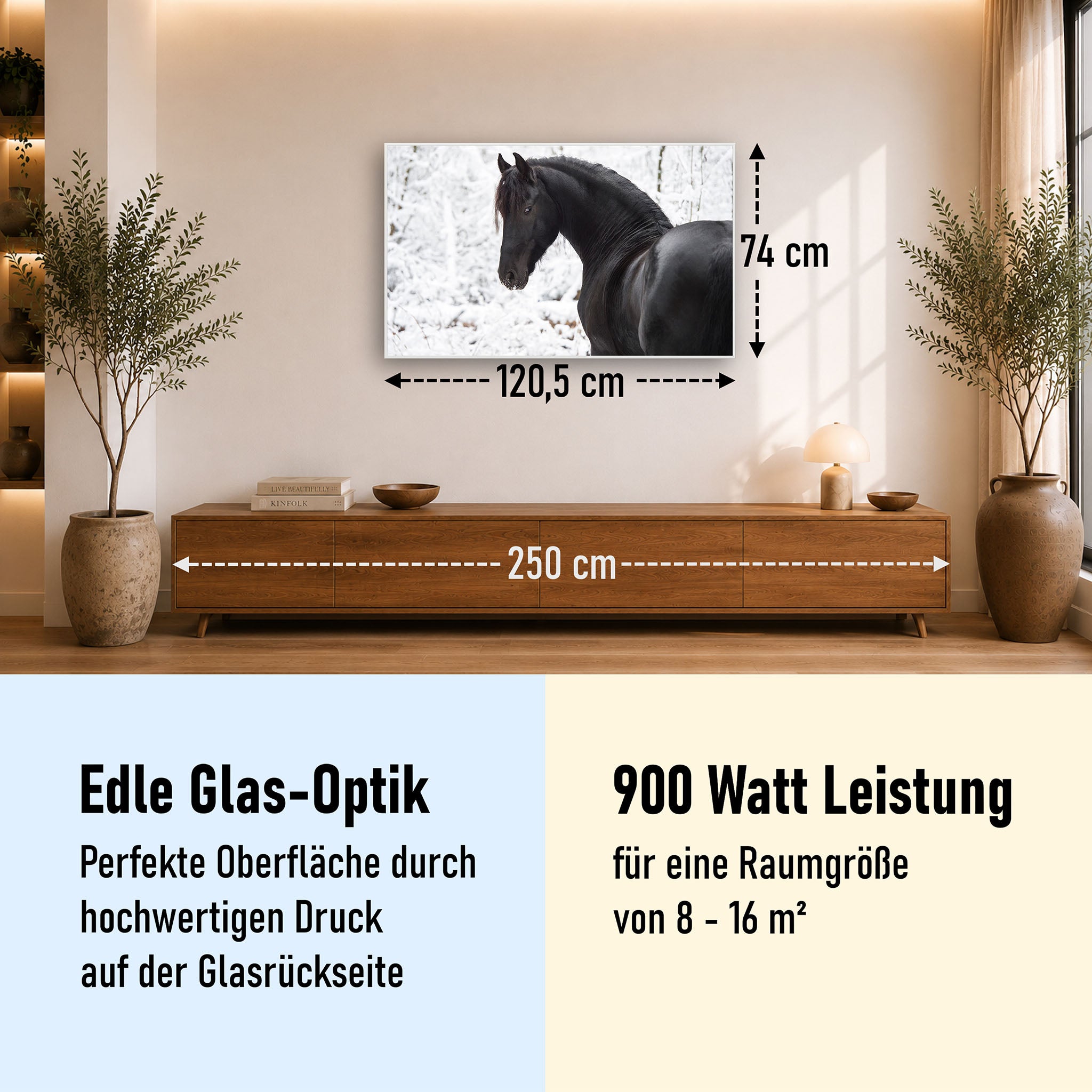 Glas Infrarotheizung 350-1200W Motiv 060 schwarzes Pferd