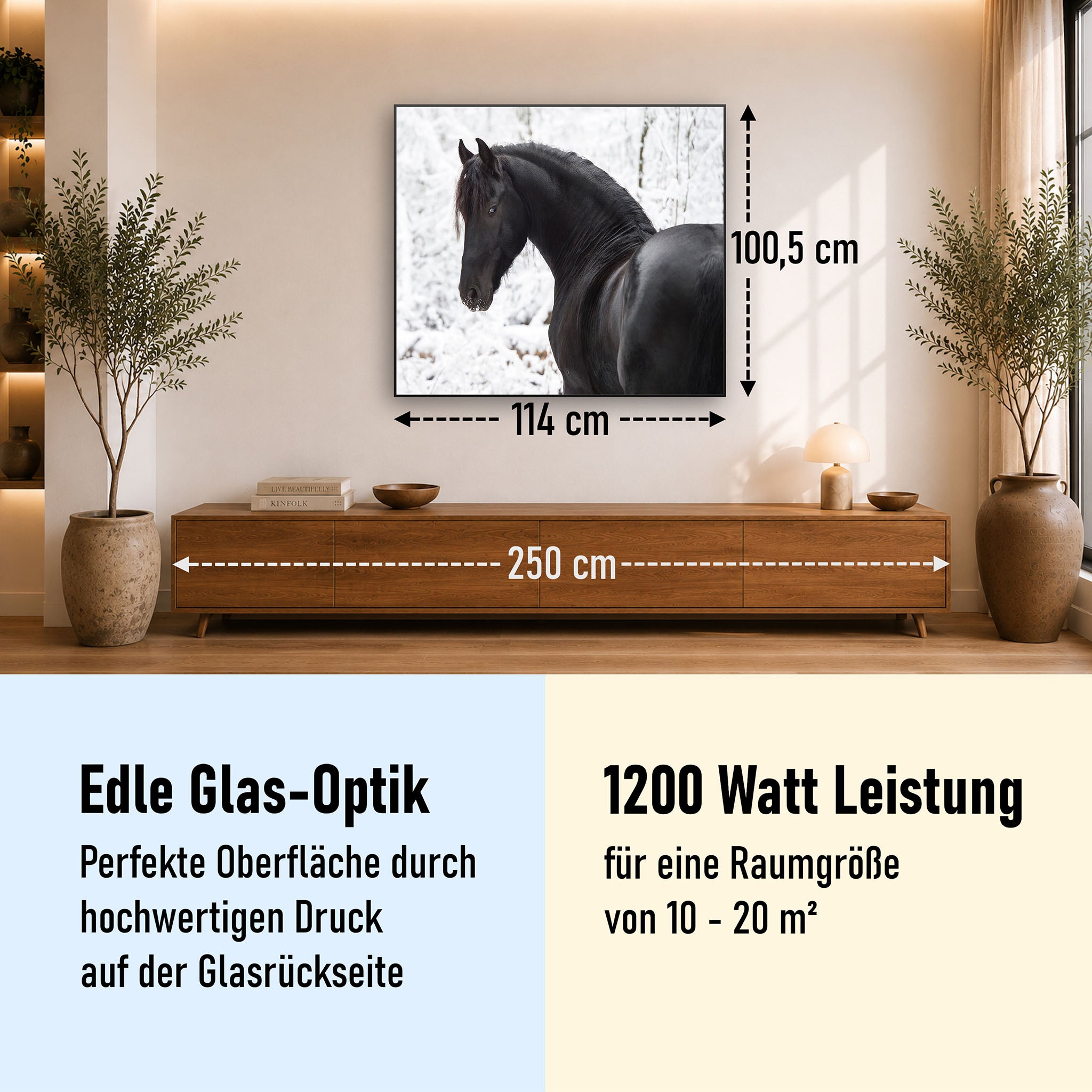 Glas Infrarotheizung 350-1200W Motiv 060 schwarzes Pferd