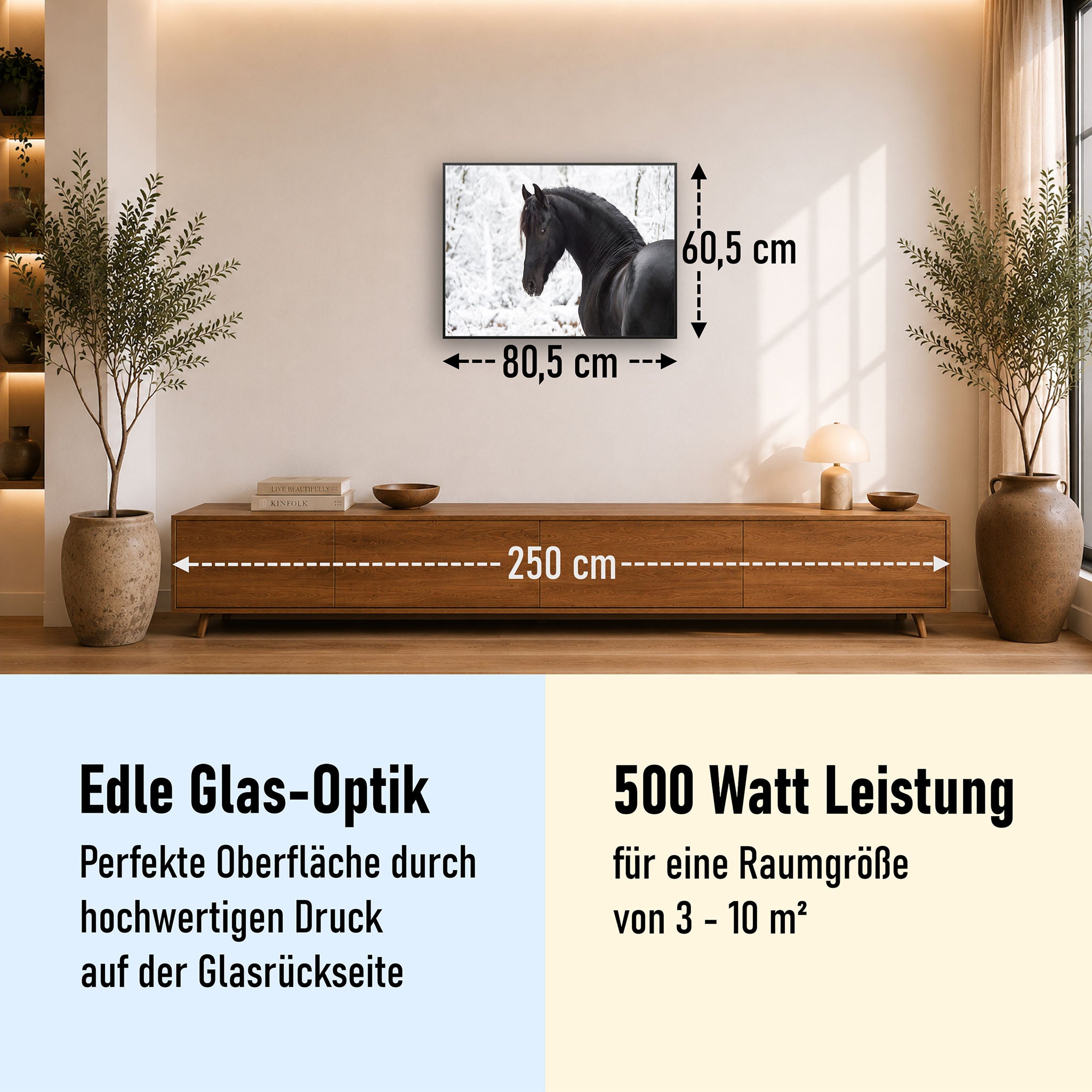 Glas Infrarotheizung 350-1200W Motiv 060 schwarzes Pferd