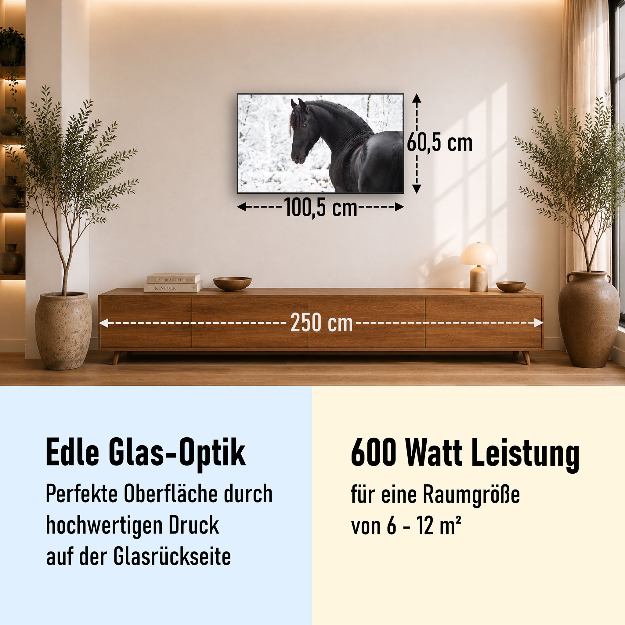 Glas Infrarotheizung 350-1200W Motiv 060 schwarzes Pferd