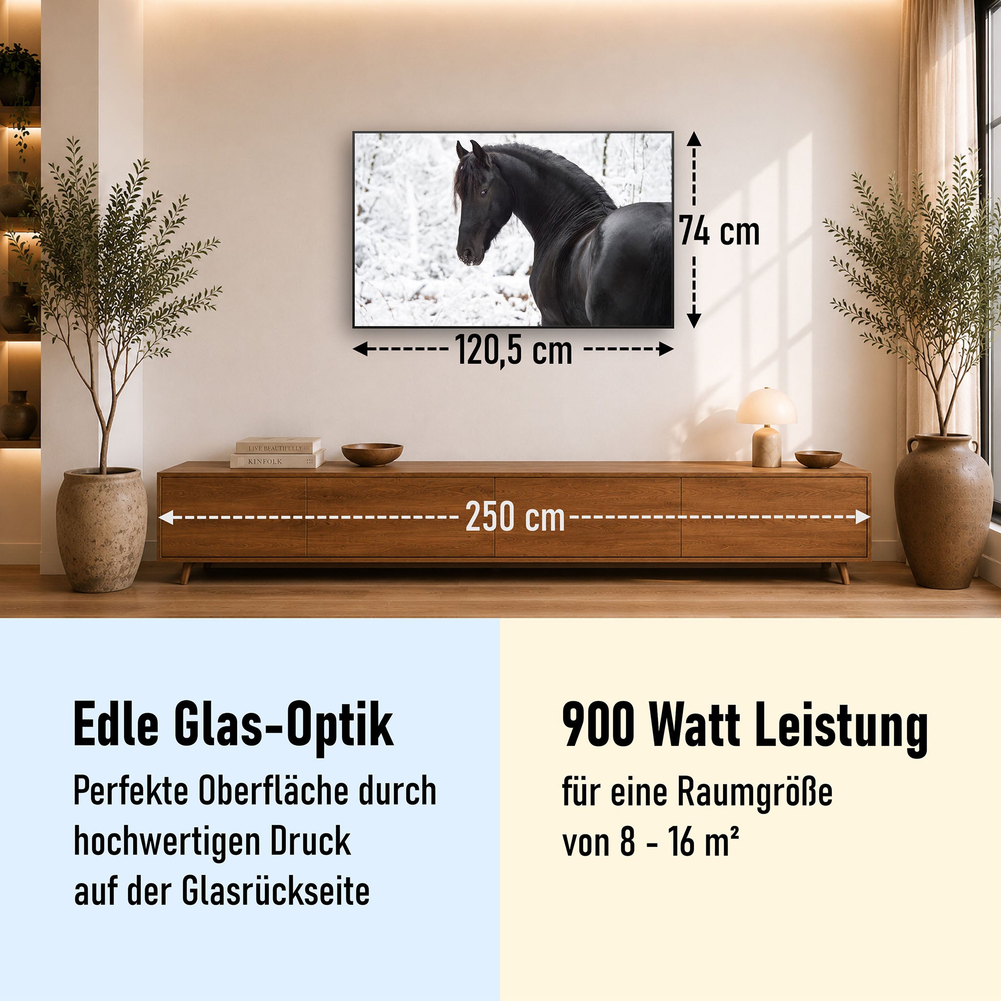 Glas Infrarotheizung 350-1200W Motiv 060 schwarzes Pferd