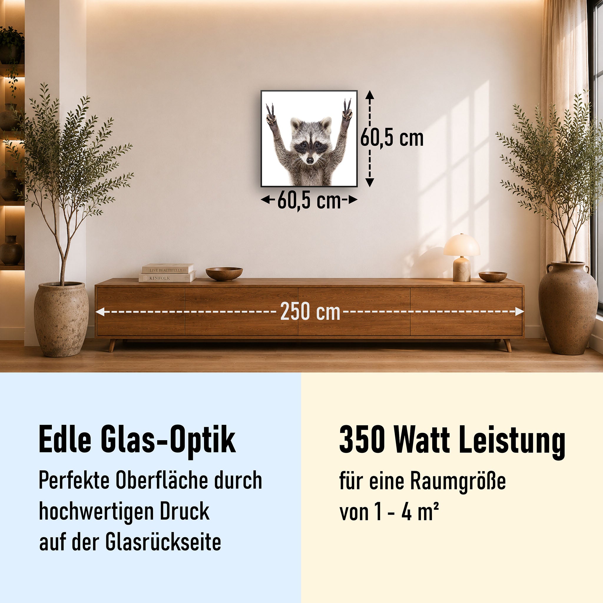 Glas Infrarotheizung 350-1200W Motiv 066 Waschbär
