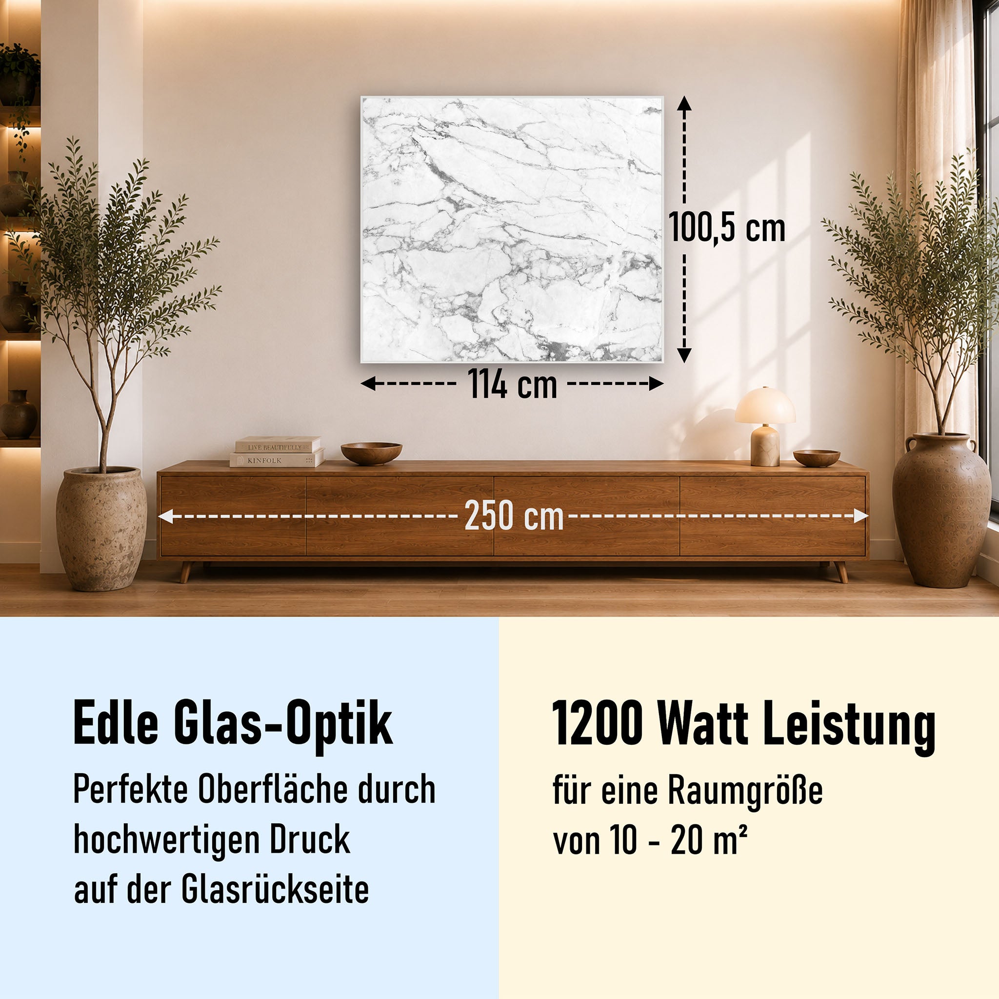 Glas Infrarotheizung 350-1200W Motiv 068 Marmor Weiß
