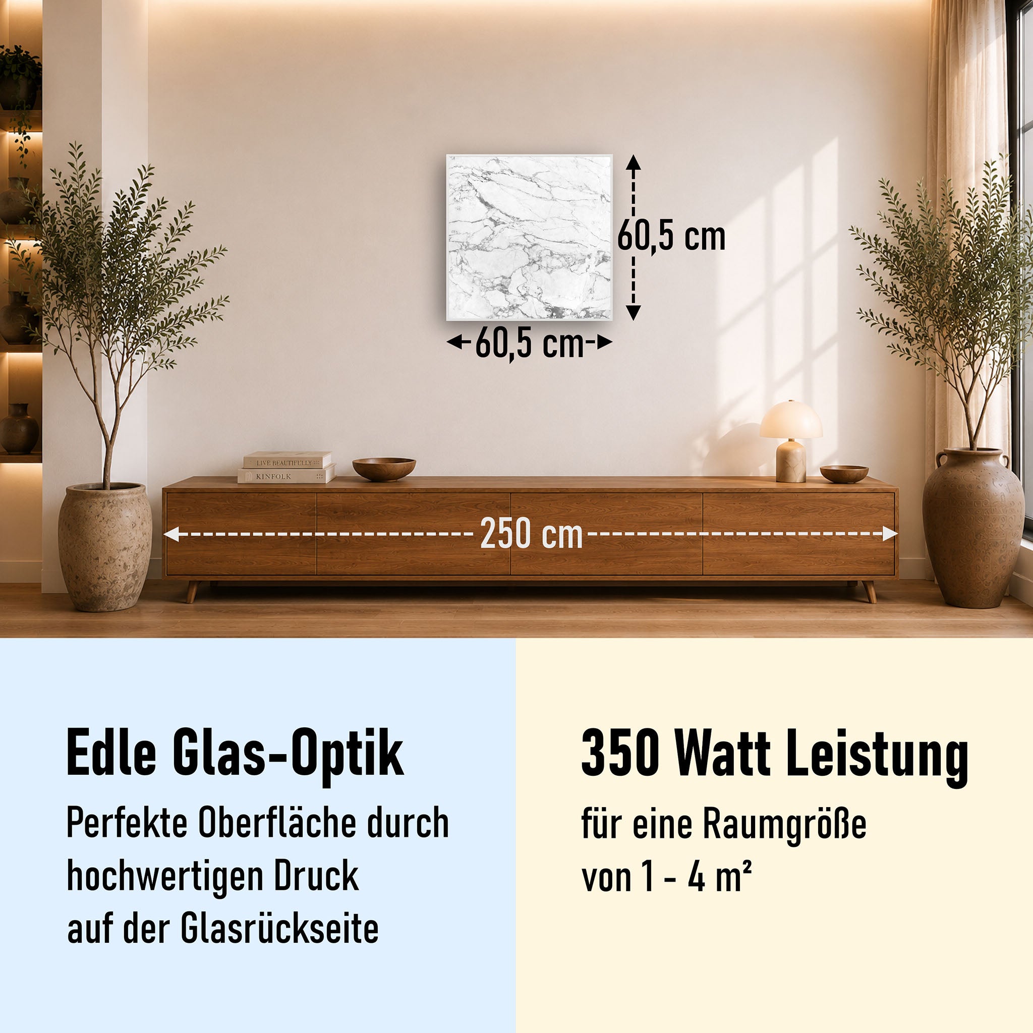 Glas Infrarotheizung 350-1200W Motiv 068 Marmor Weiß