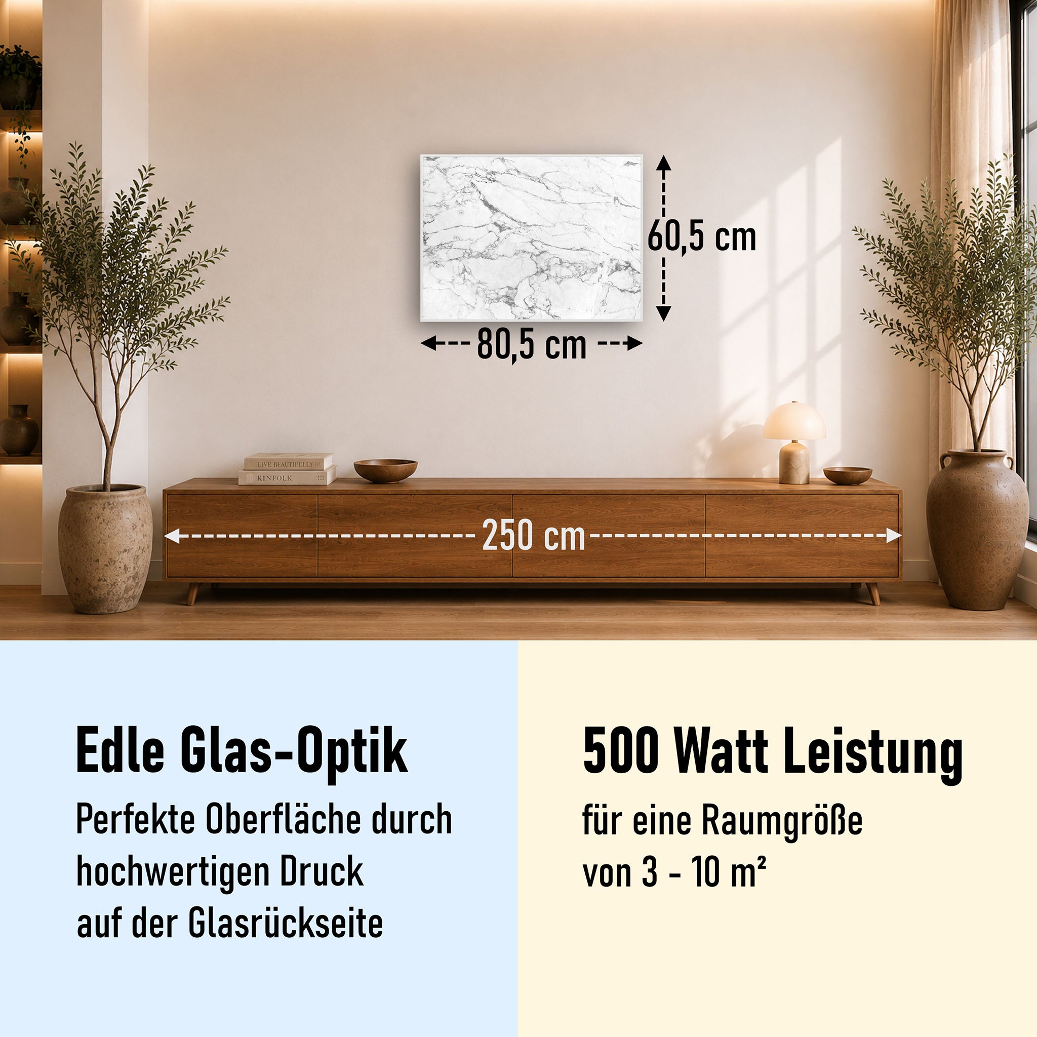 Glas Infrarotheizung 350-1200W Motiv 068 Marmor Weiß