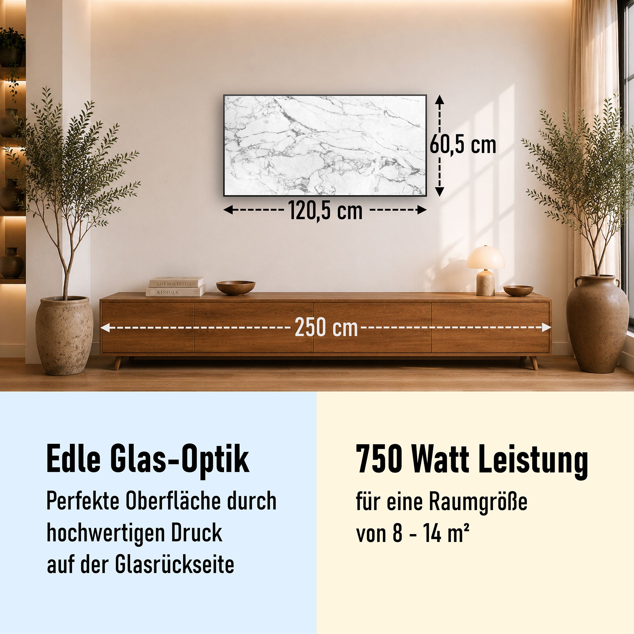 Glas Infrarotheizung 350-1200W Motiv 068 Marmor Weiß