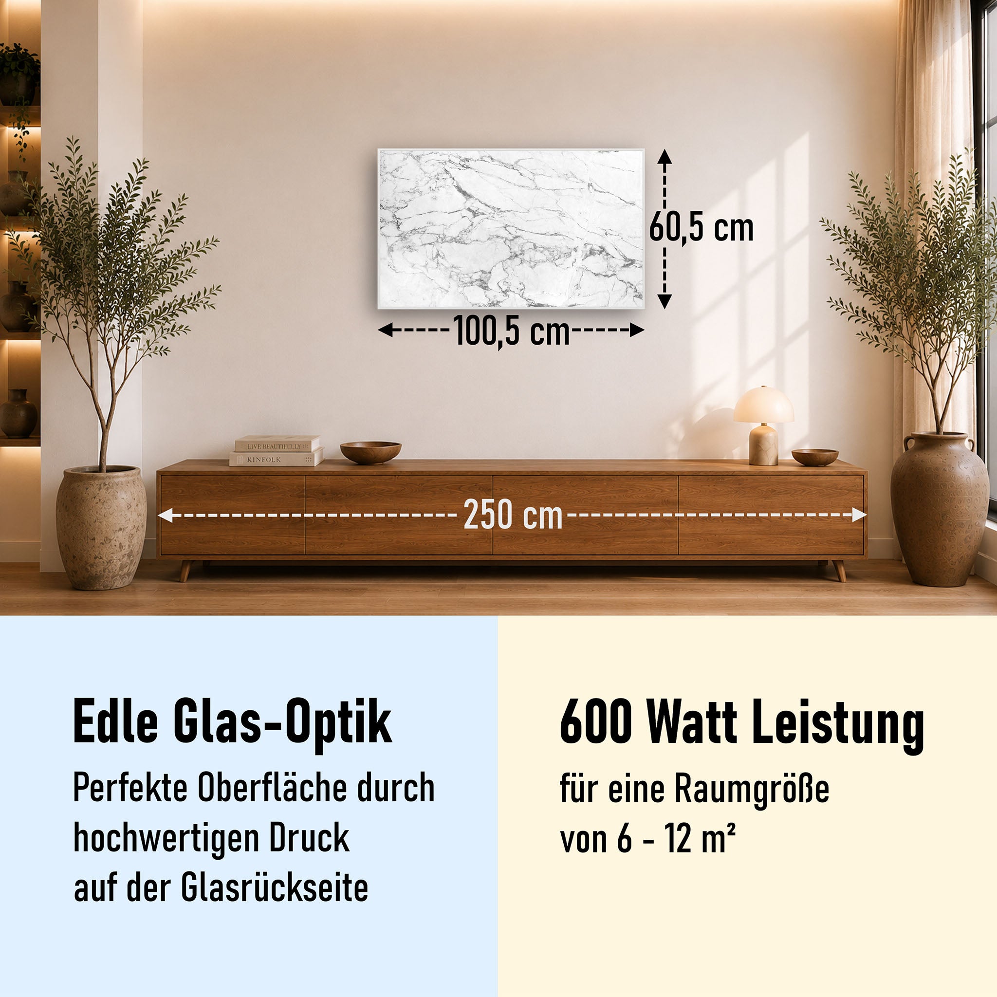Glas Infrarotheizung 350-1200W Motiv 068 Marmor Weiß