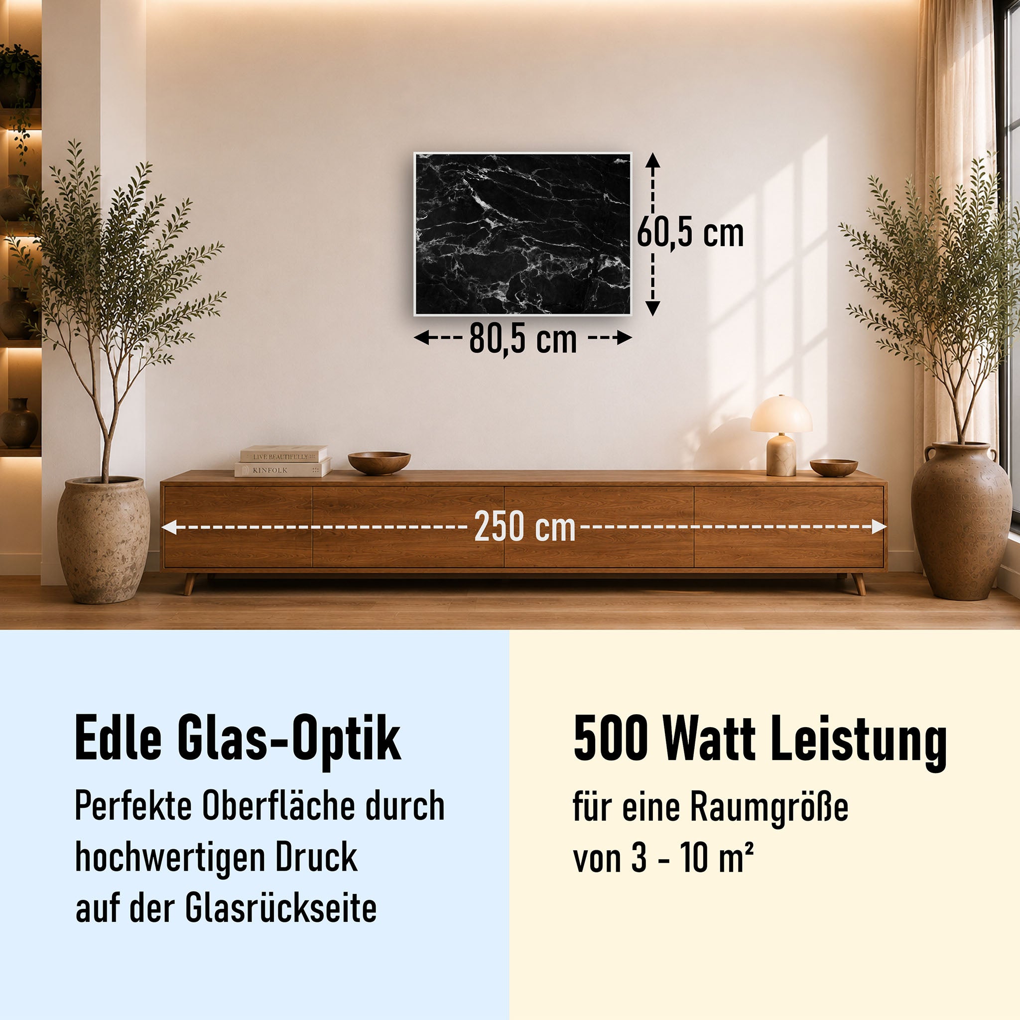 Glas Infrarotheizung 350-1200W Motiv 069 Marmor Schwarz