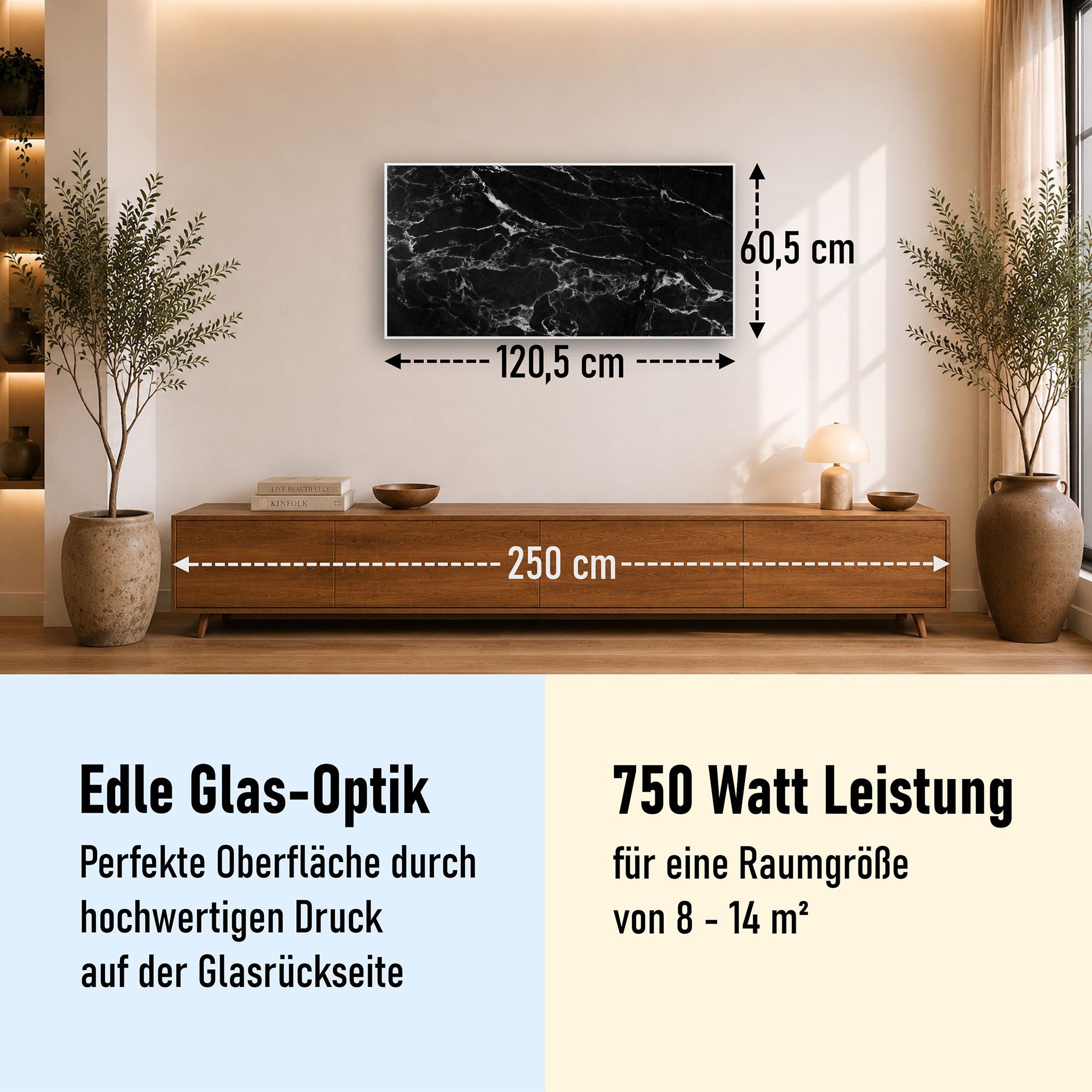 Glas Infrarotheizung 350-1200W Motiv 069 Marmor Schwarz