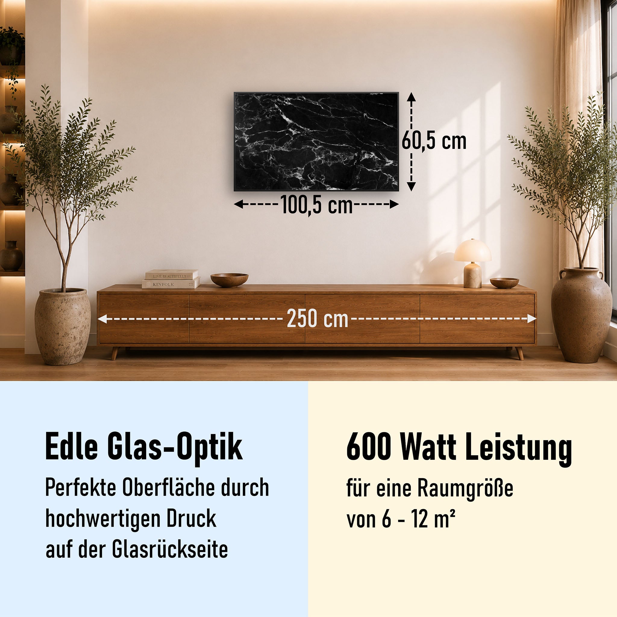 Glas Infrarotheizung 350-1200W Motiv 069 Marmor Schwarz