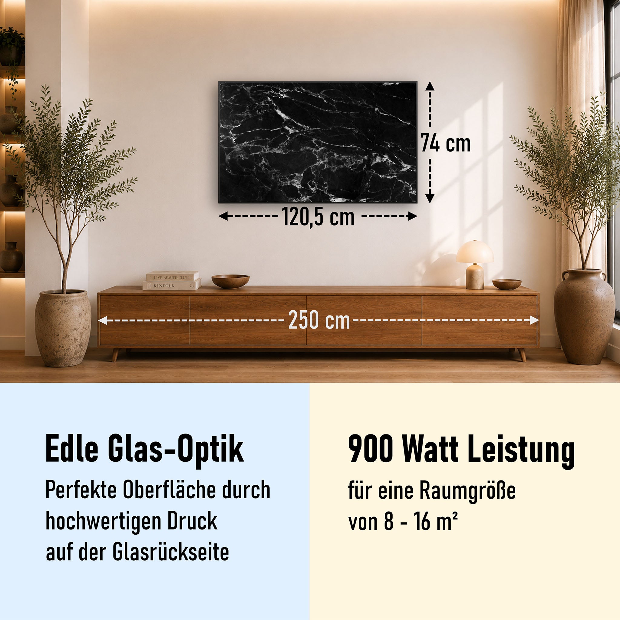 Glas Infrarotheizung 350-1200W Motiv 069 Marmor Schwarz