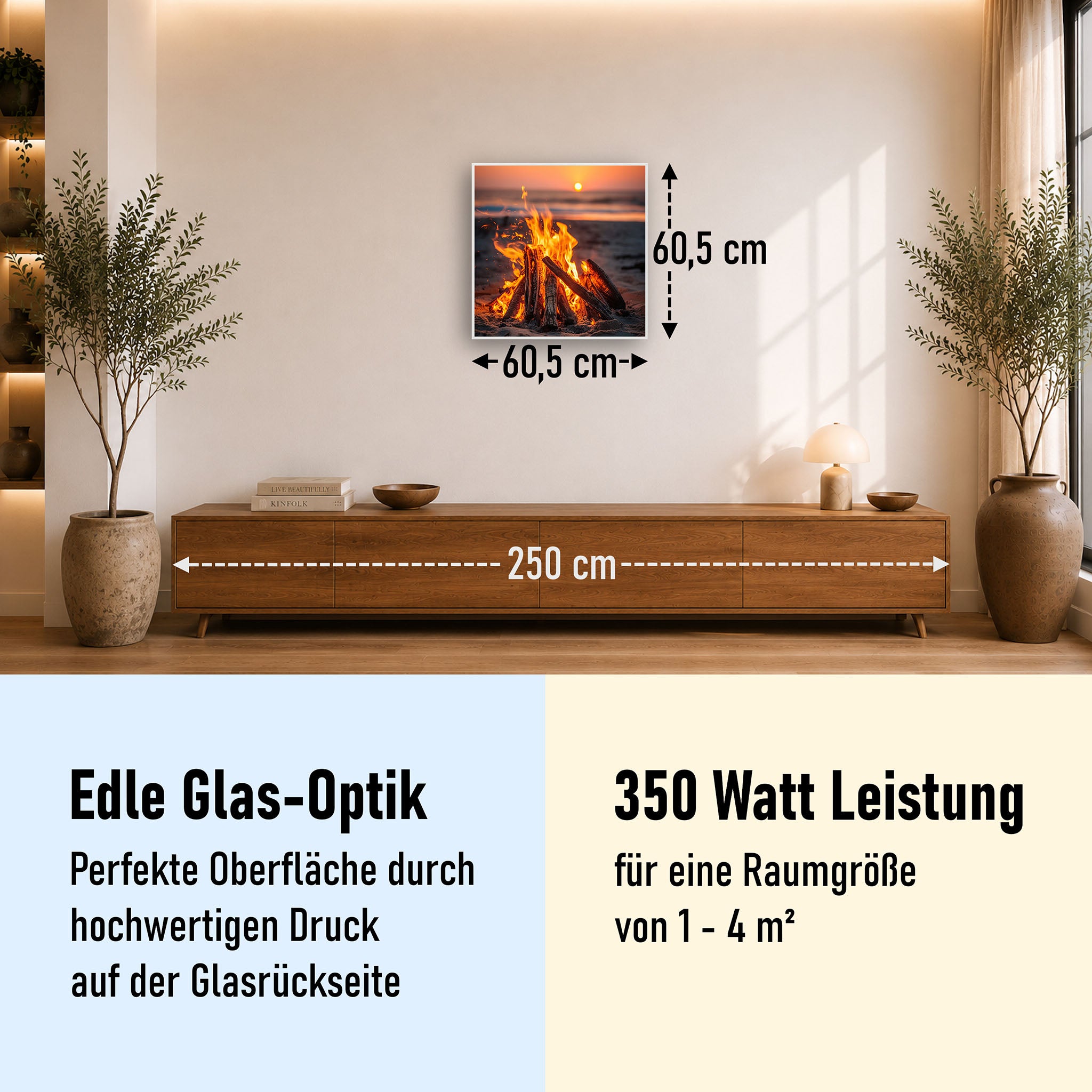 Glas Infrarotheizung 350-1200W Motiv 071h Feuer am Strand