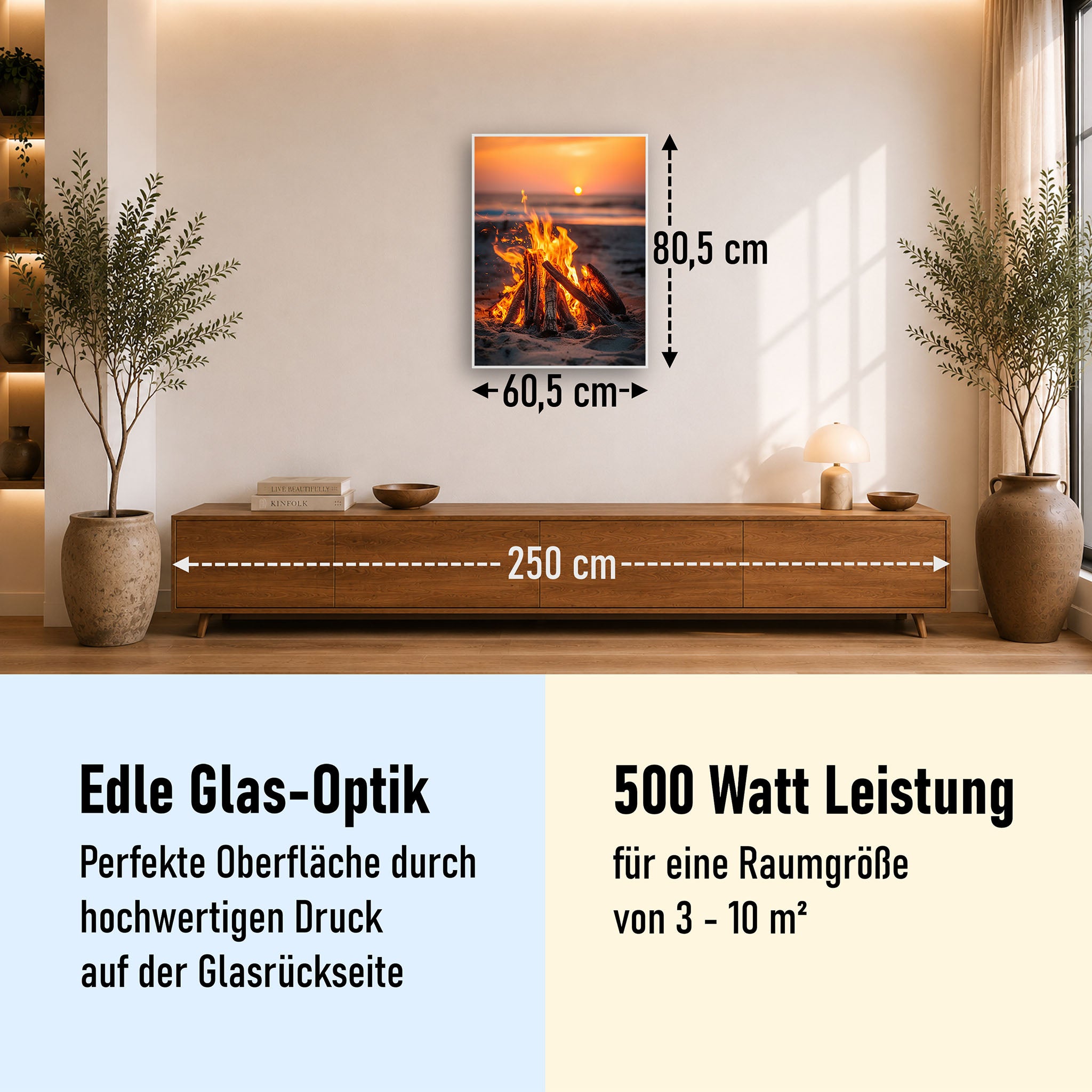 Glas Infrarotheizung 350-1200W Motiv 071h Feuer am Strand