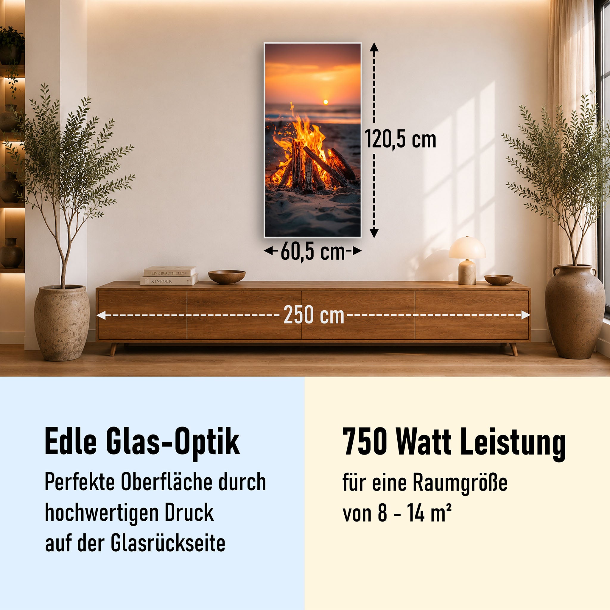 Glas Infrarotheizung 350-1200W Motiv 071h Feuer am Strand