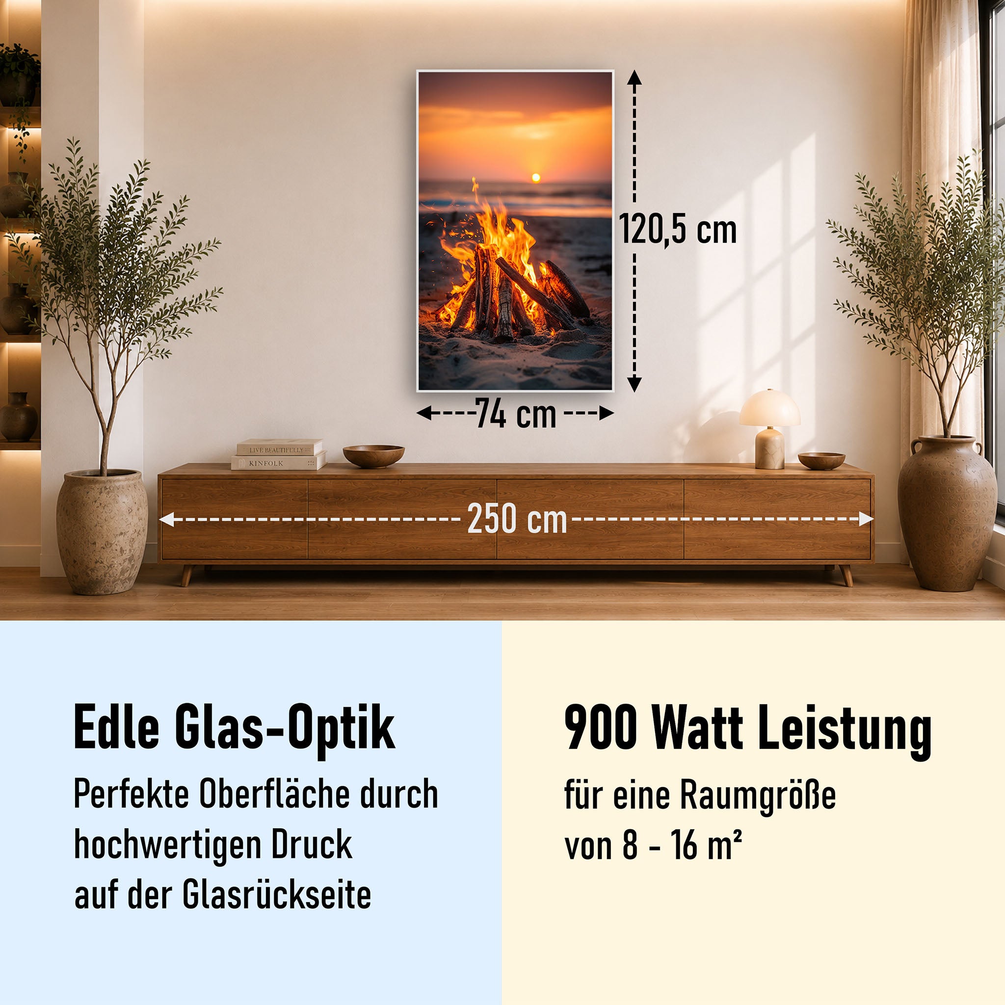 Glas Infrarotheizung 350-1200W Motiv 071h Feuer am Strand
