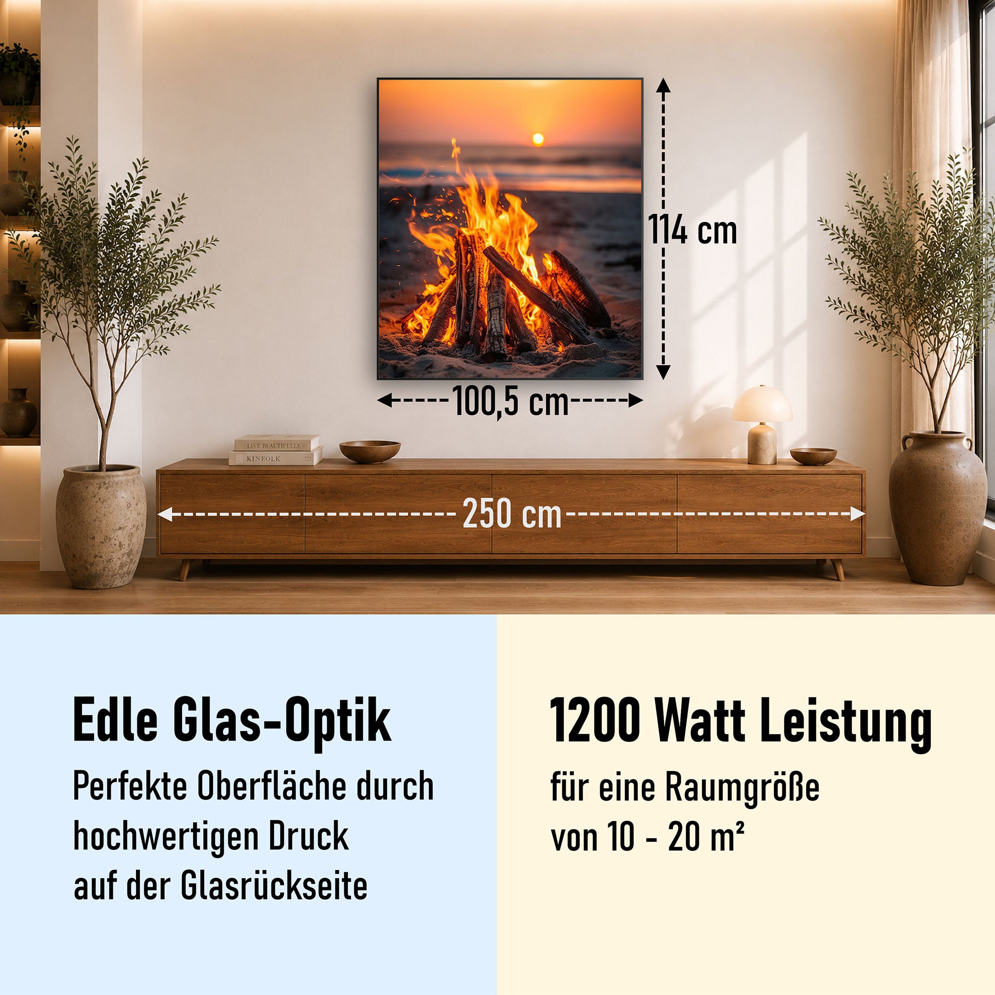 Glas Infrarotheizung 350-1200W Motiv 071h Feuer am Strand