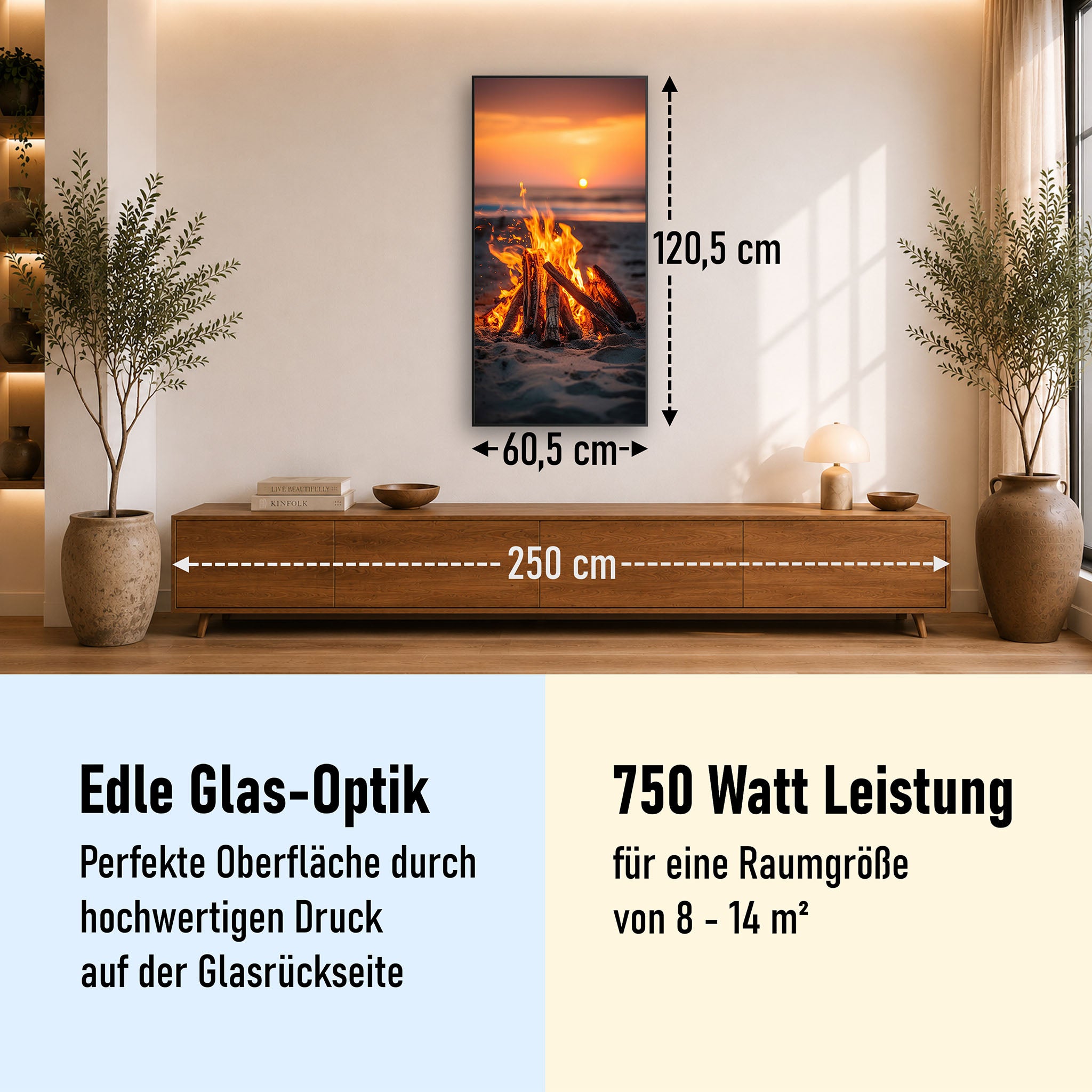 Glas Infrarotheizung 350-1200W Motiv 071h Feuer am Strand