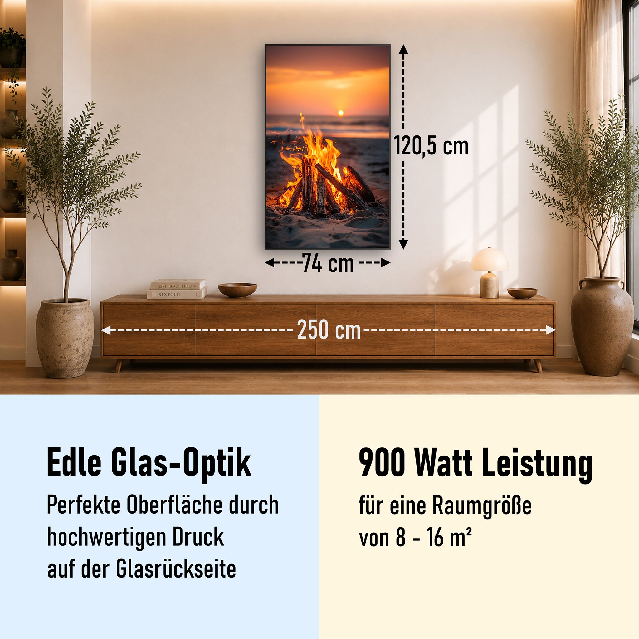 Glas Infrarotheizung 350-1200W Motiv 071h Feuer am Strand
