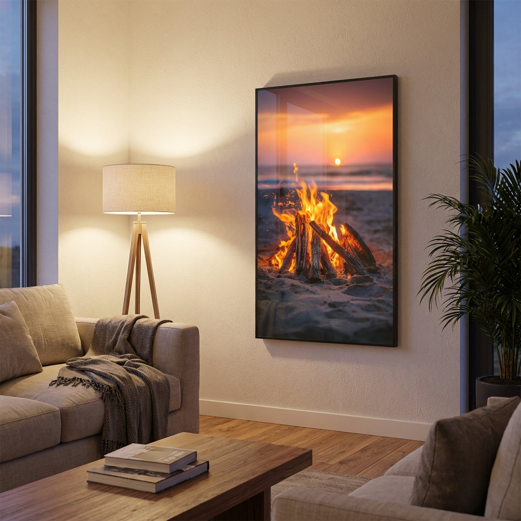 Glas Bild Infrarotheizung 900 Watt Feuer am Strand