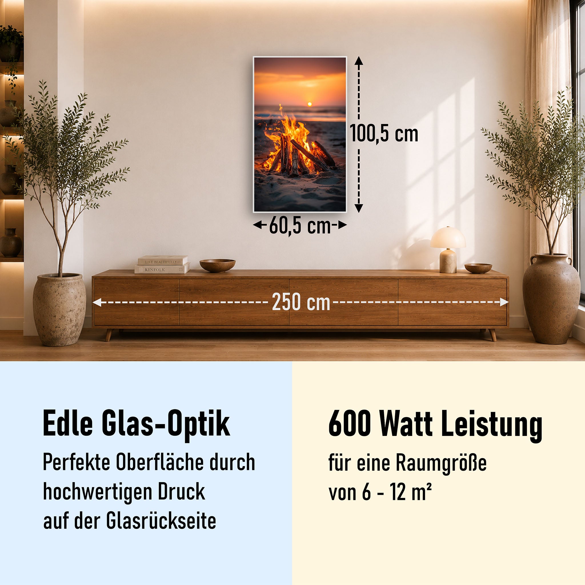 Glas Infrarotheizung 350-1200W Motiv 071h Feuer am Strand