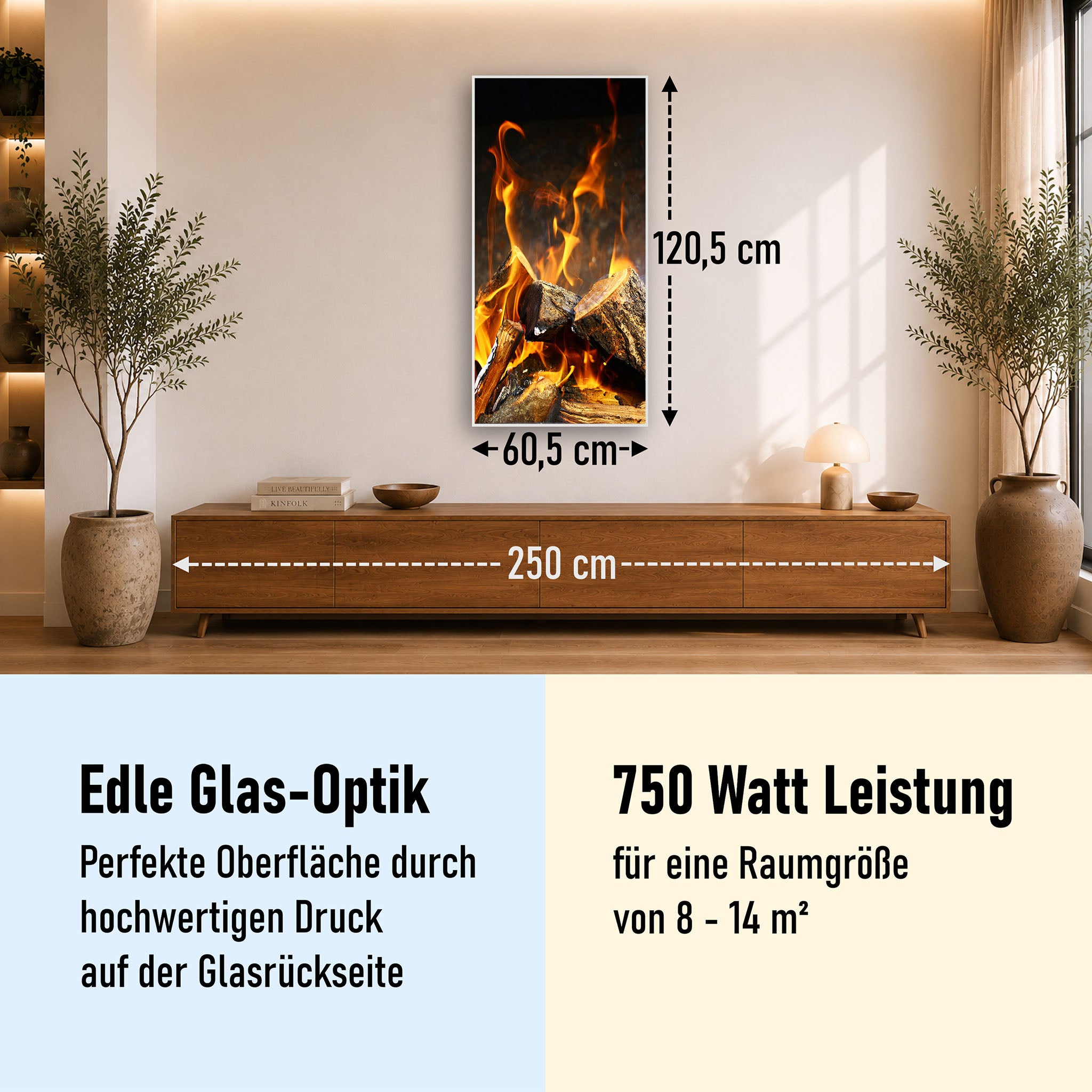 Glas Infrarotheizung 350-1200W Motiv 077h Feuerstelle