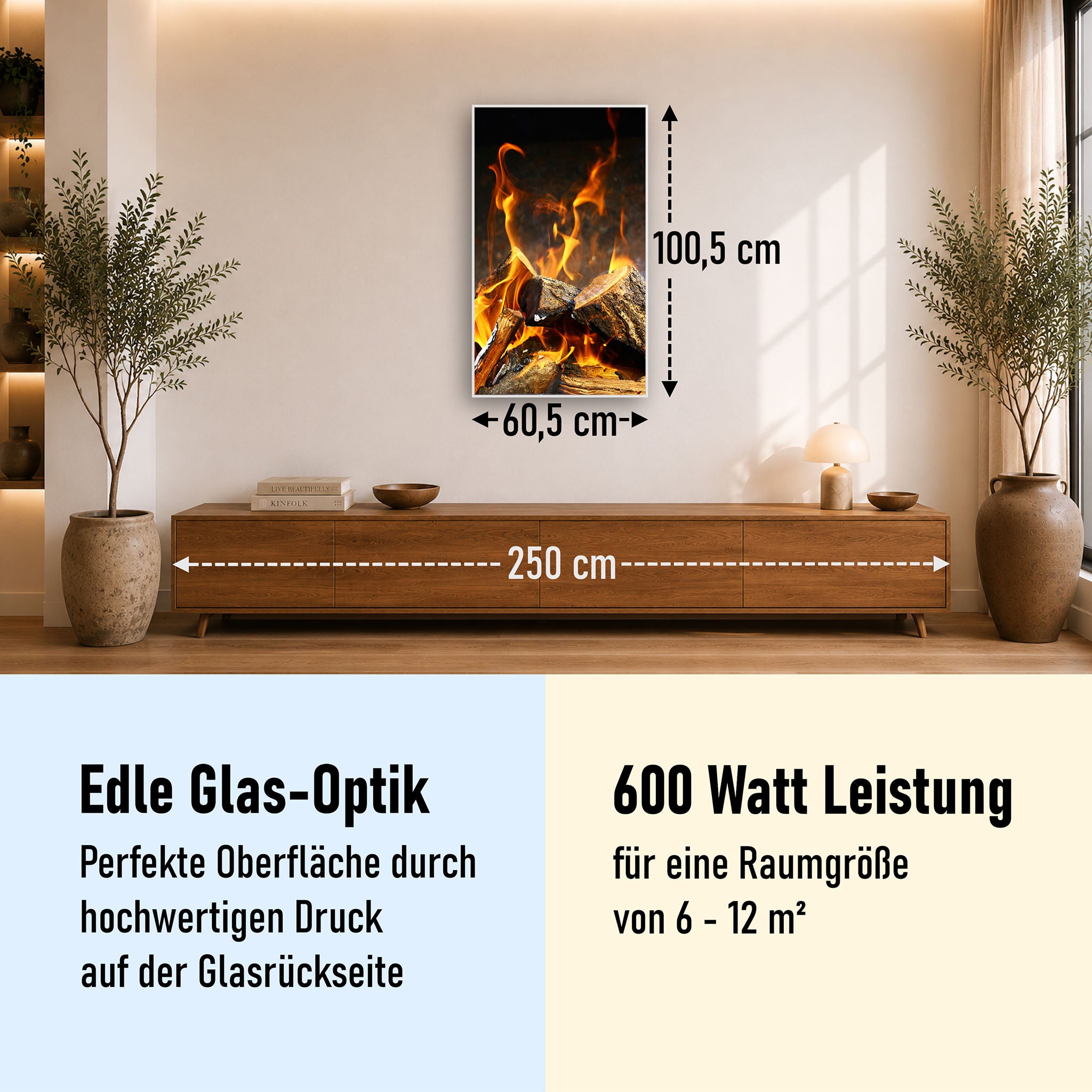 Glas Infrarotheizung 350-1200W Motiv 077h Feuerstelle