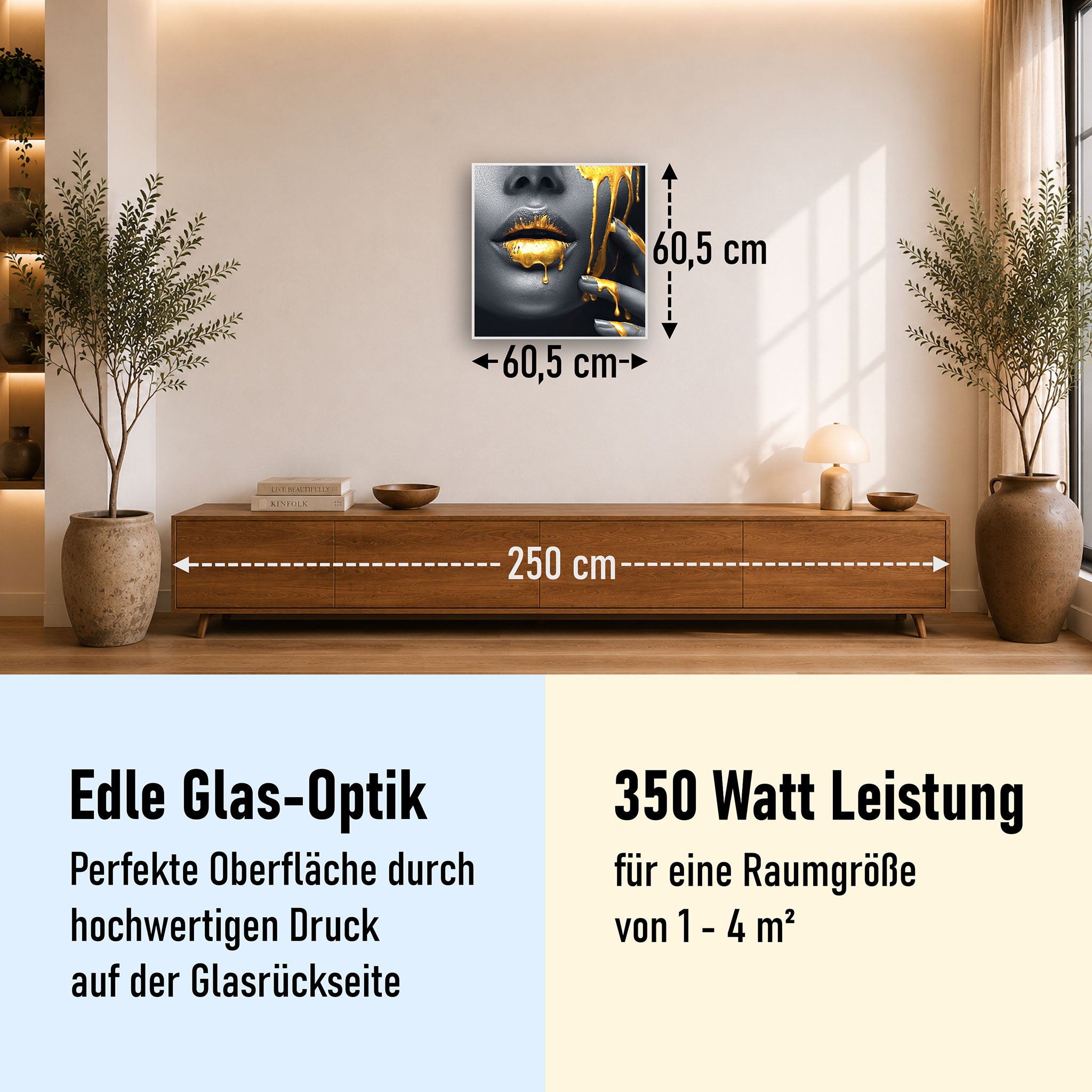 Glas Infrarotheizung 350-1200W Motiv 081 Goldene Lippen