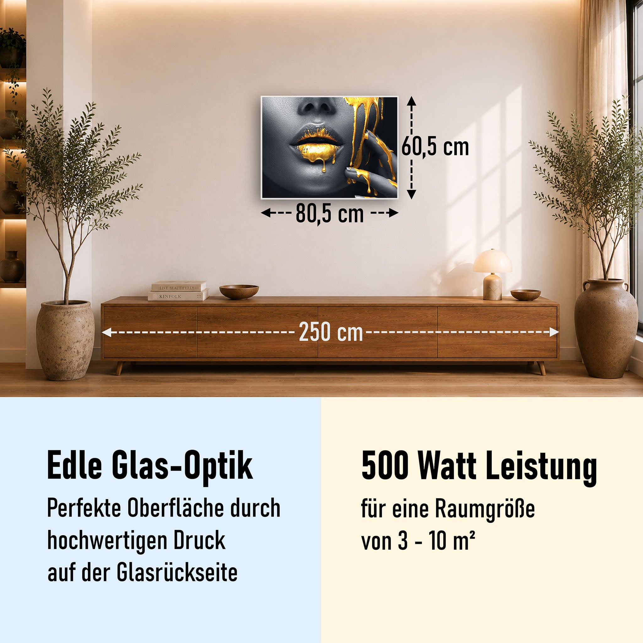 Glas Infrarotheizung 350-1200W Motiv 081 Goldene Lippen