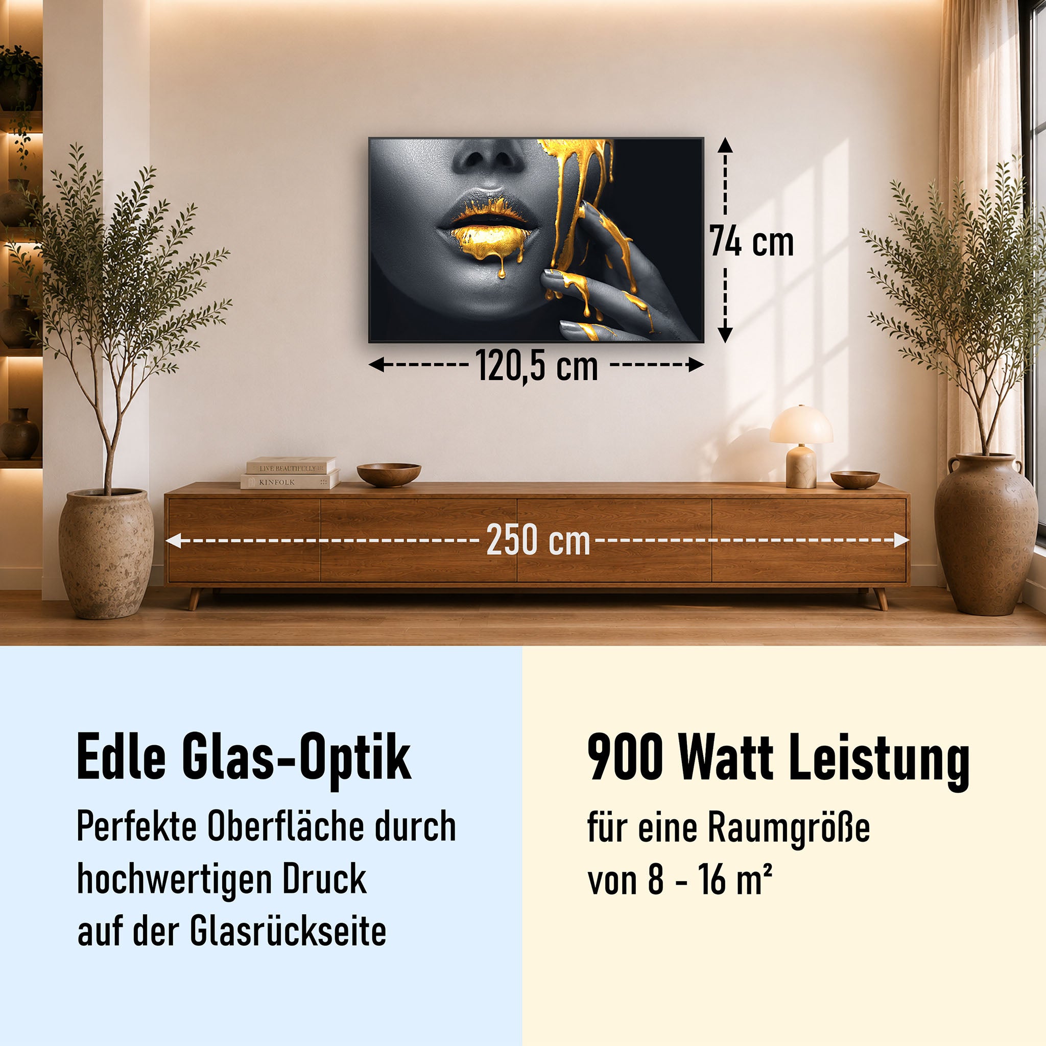 Glas Infrarotheizung 350-1200W Motiv 081 Goldene Lippen