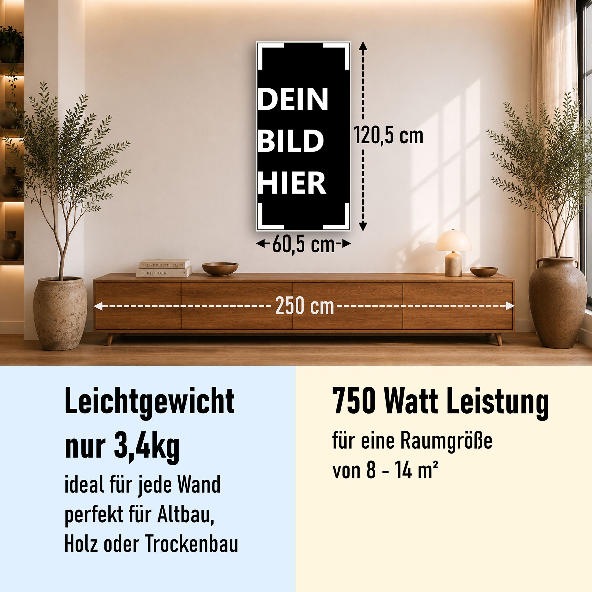 750 Watt (60x120cm Hoch) Eigenes Motiv Glas Bild Infrarotheizung