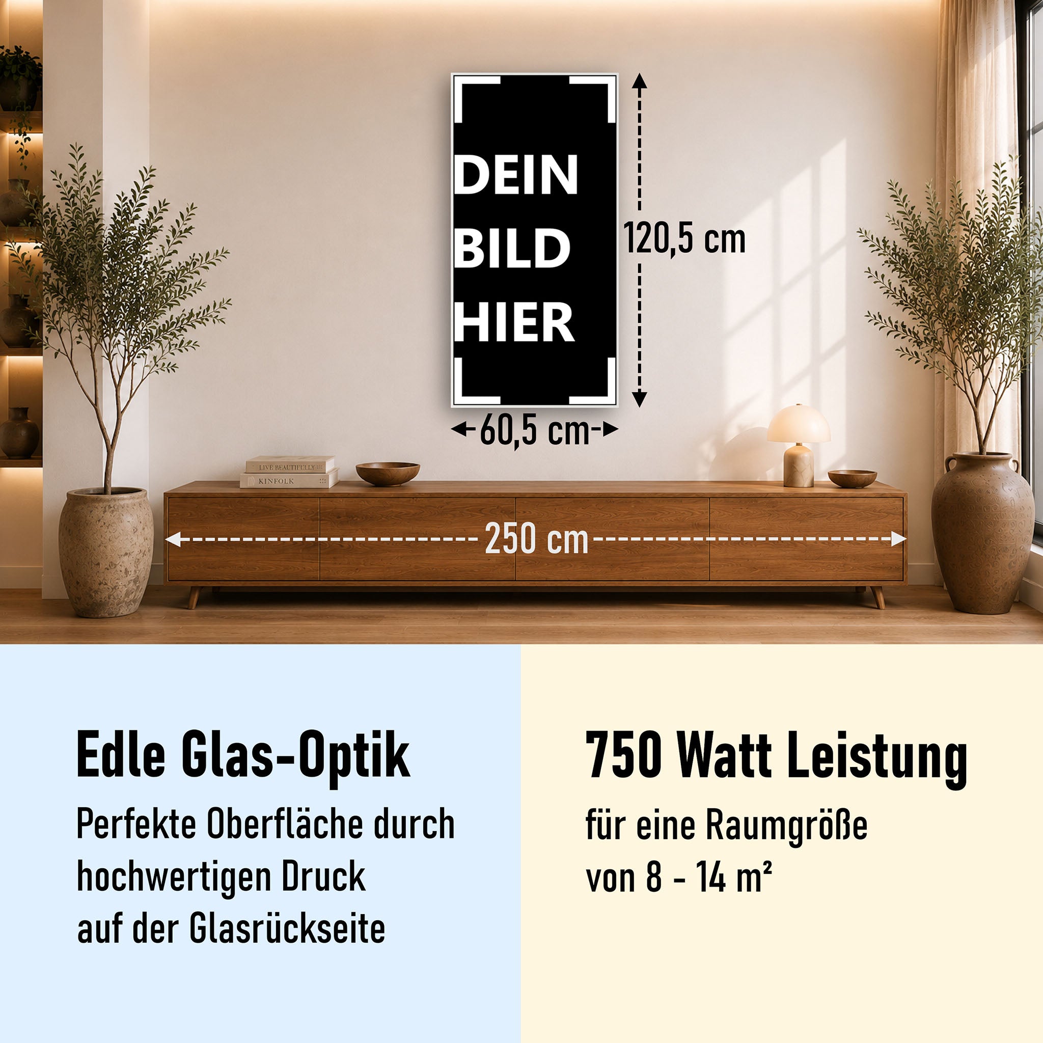 750 Watt (60x120cm Hoch) Eigenes Motiv Glas Bild Infrarotheizung