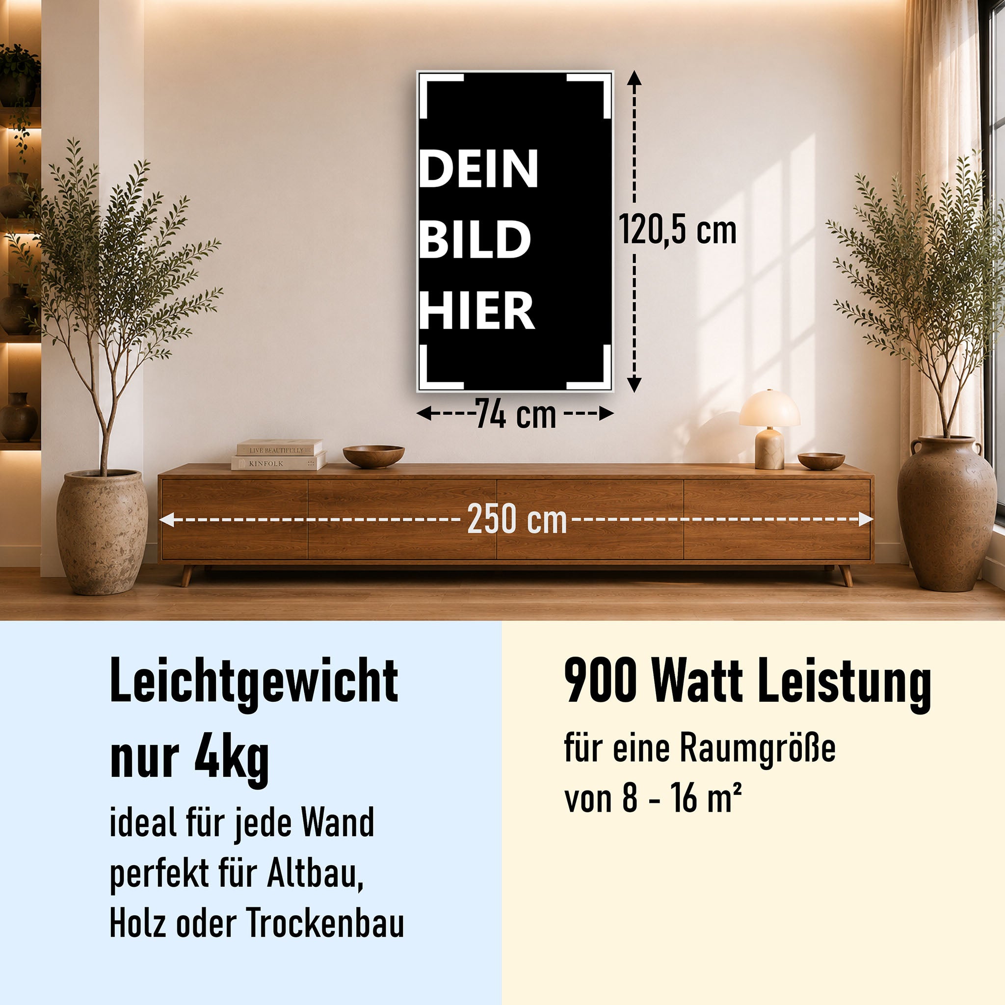 900 Watt (74x120cm Hoch) Eigenes Motiv Glas Bild Infrarotheizung