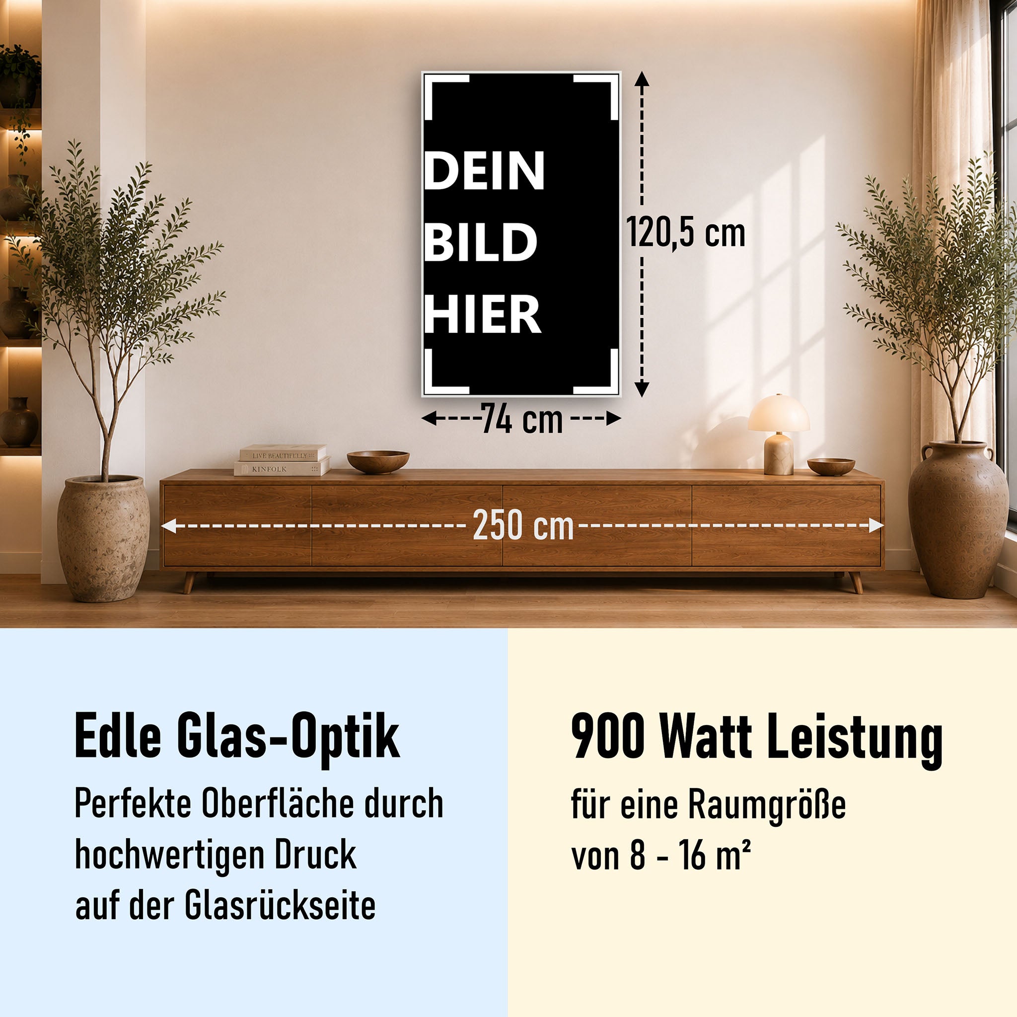 900 Watt (74x120cm Hoch) Eigenes Motiv Glas Bild Infrarotheizung