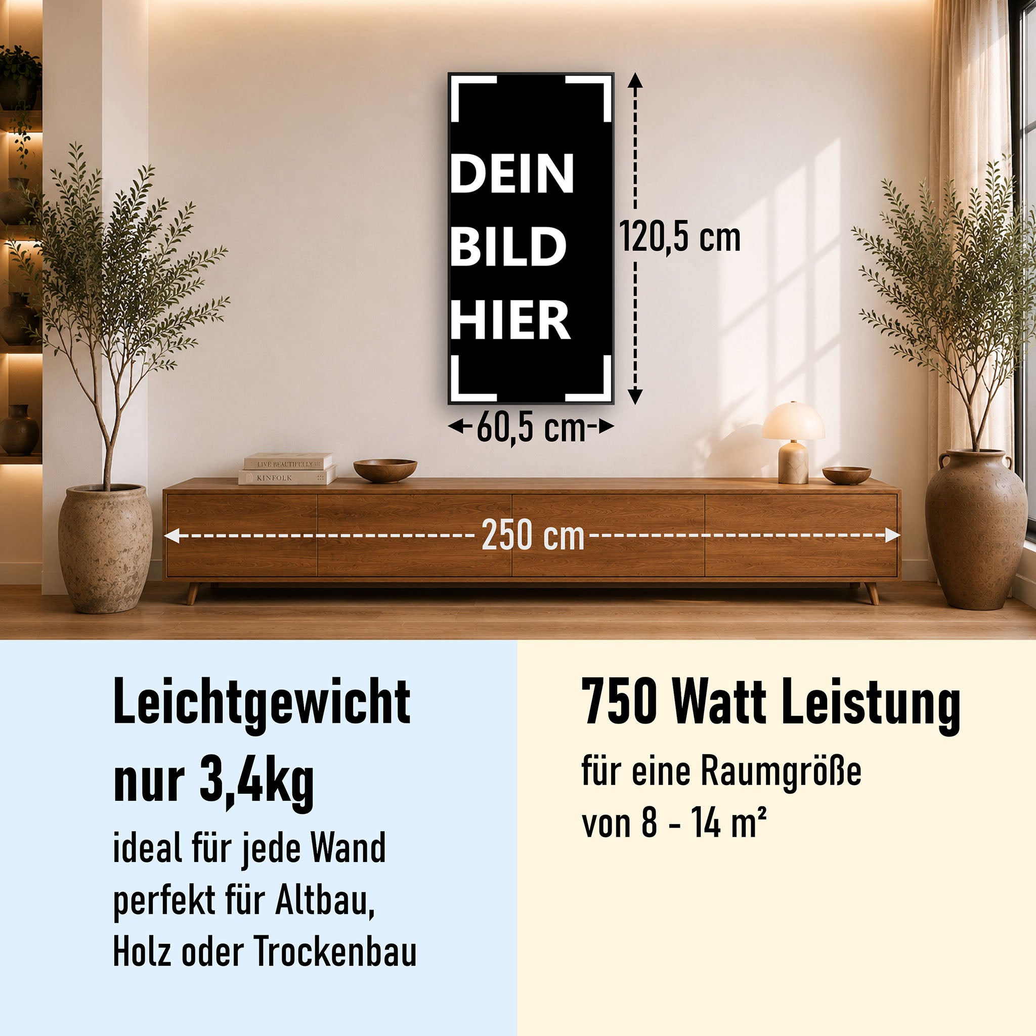 750 Watt (60x120cm Hoch) Eigenes Motiv Glas Bild Infrarotheizung