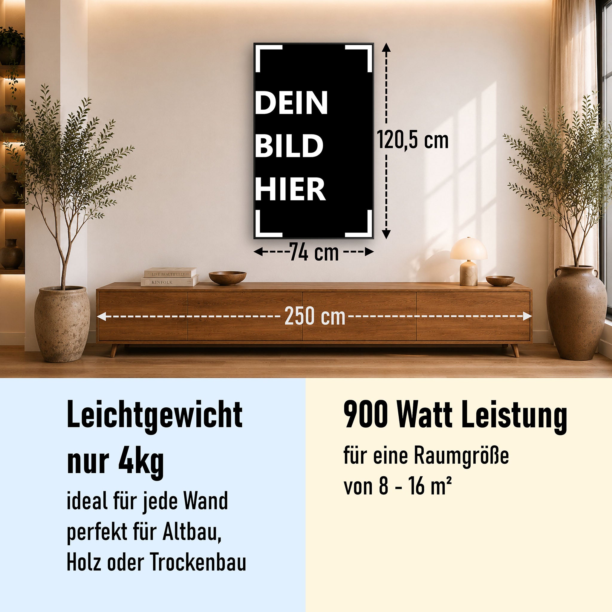 900 Watt (74x120cm Hoch) Eigenes Motiv Glas Bild Infrarotheizung
