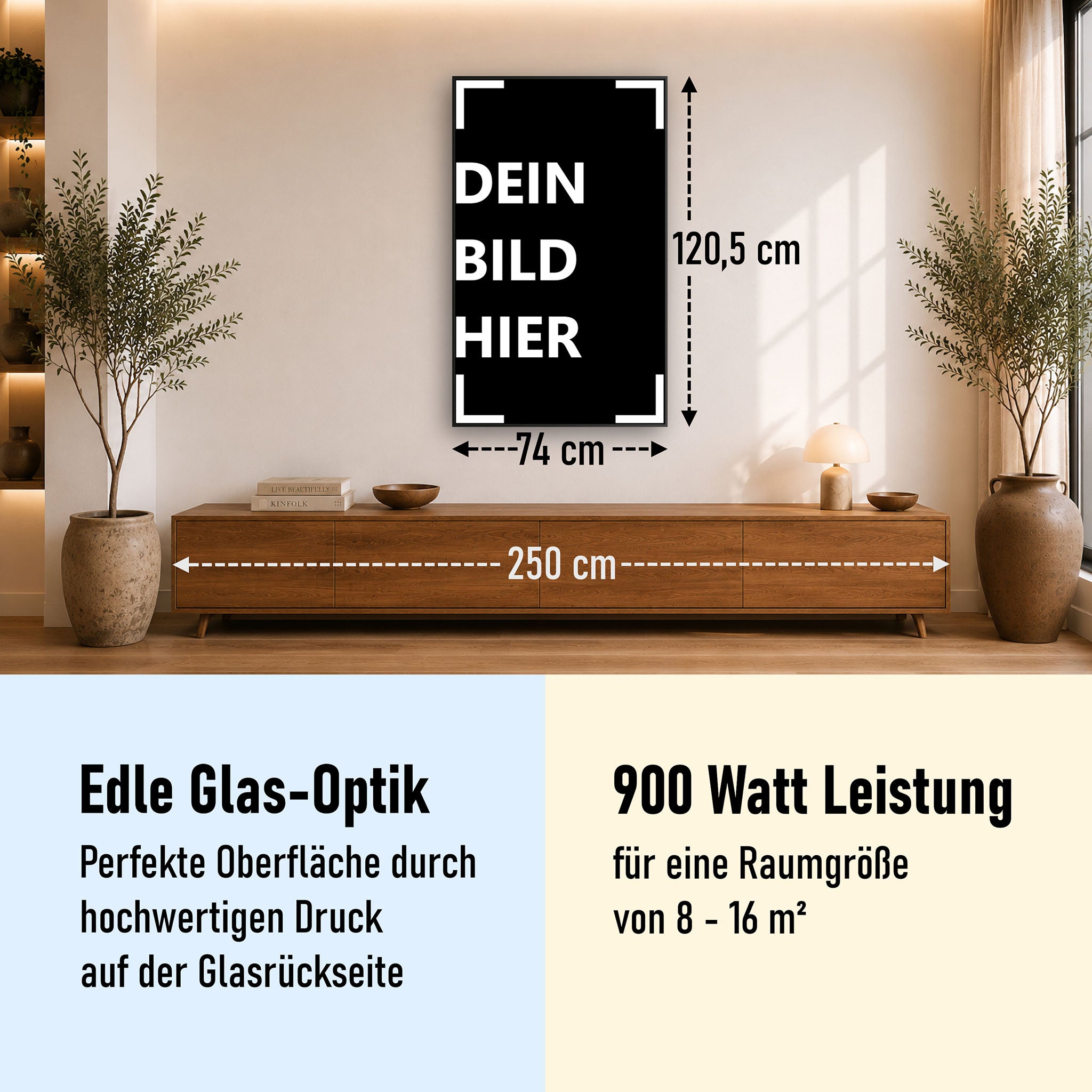 900 Watt (74x120cm Hoch) Eigenes Motiv Glas Bild Infrarotheizung