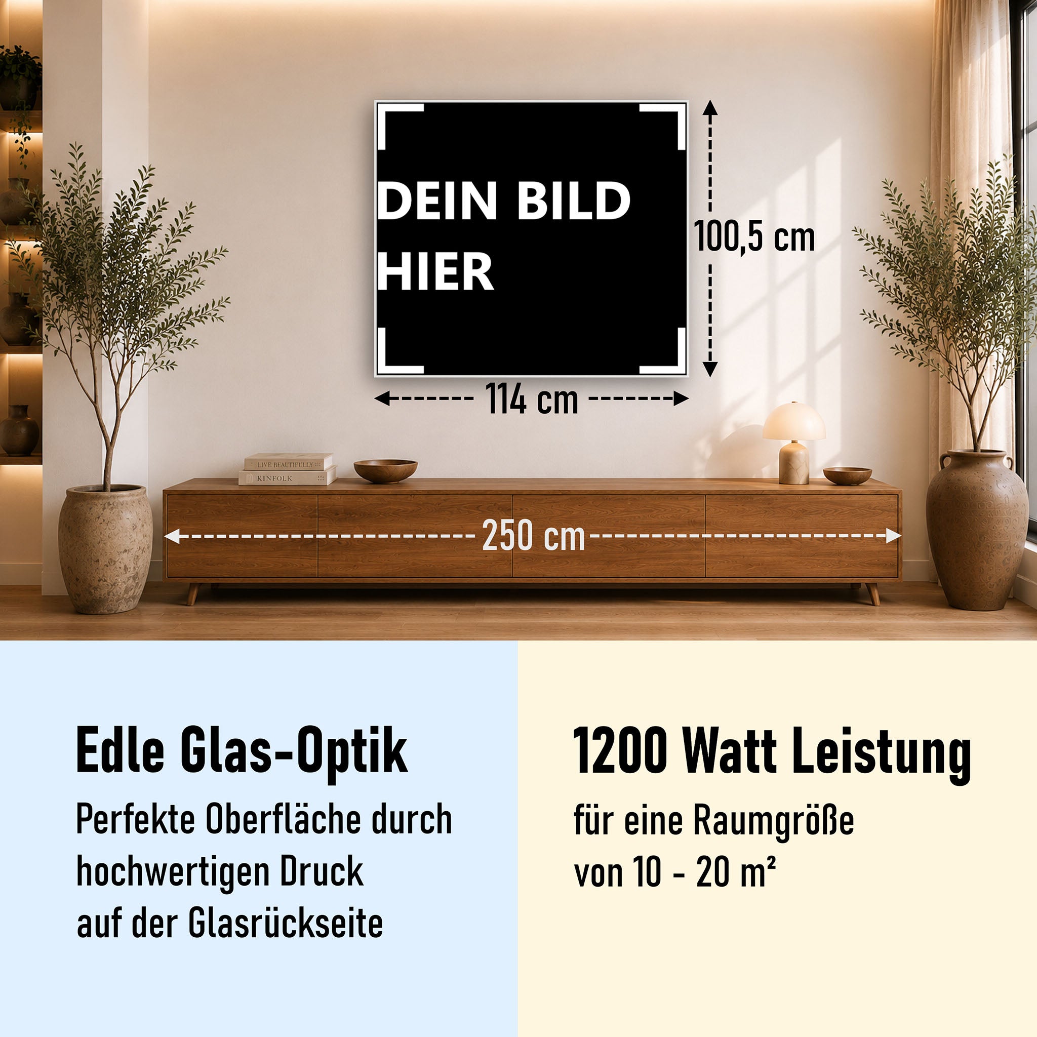 1200 Watt (114x100cm) Eigenes Motiv Glas Bild Infrarotheizung