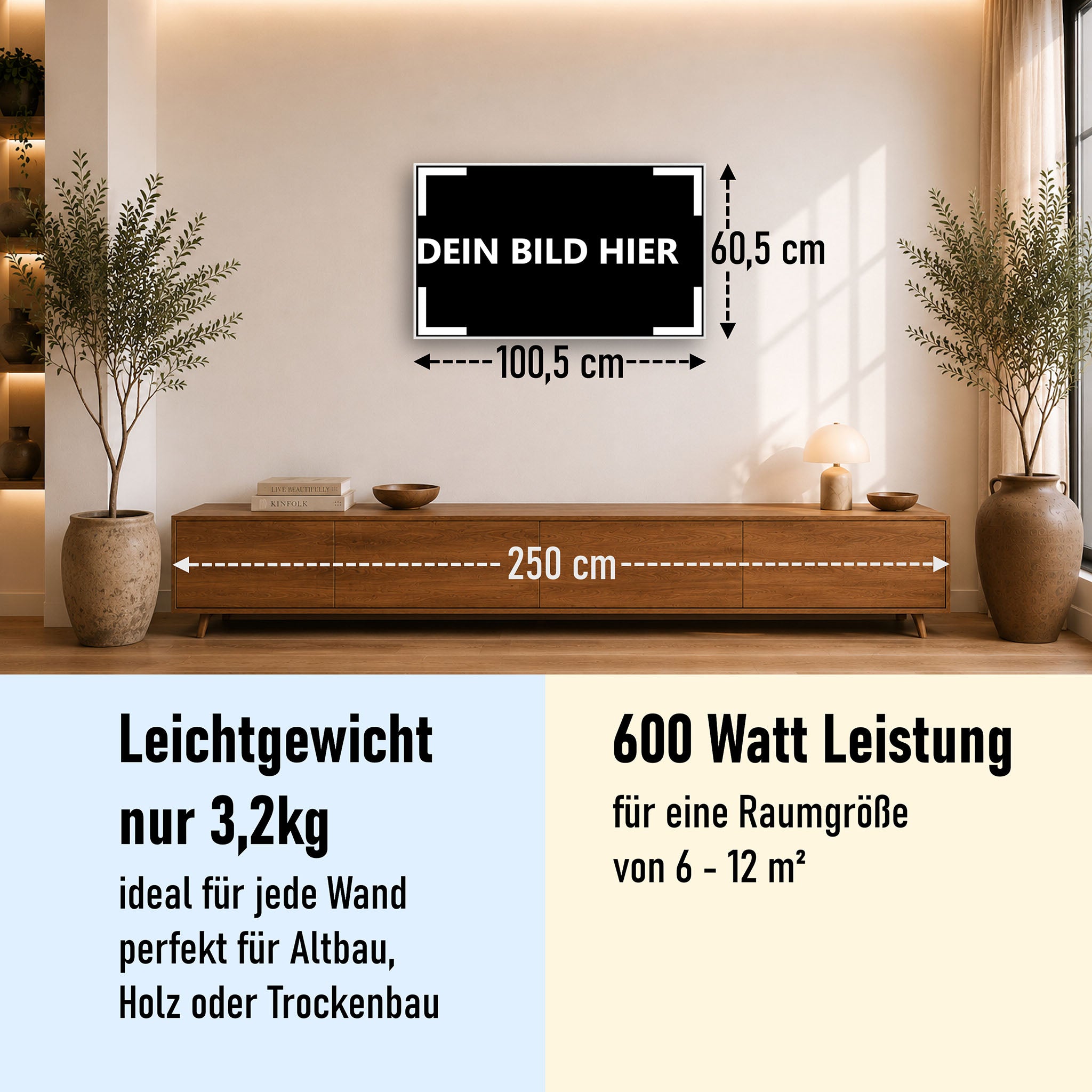 600 Watt (100x60cm) Eigenes Motiv Glas Bild Infrarotheizung