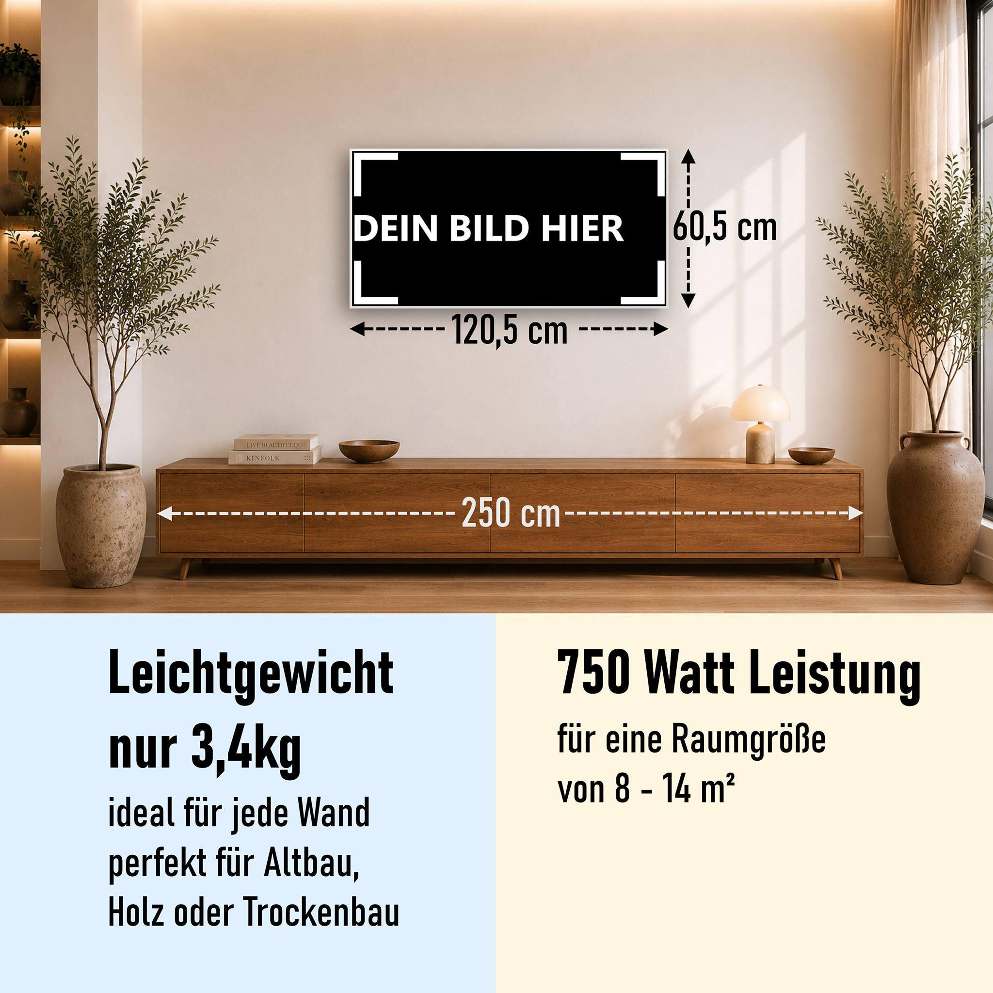 750 Watt (120x60cm) Eigenes Motiv Glas Bild Infrarotheizung